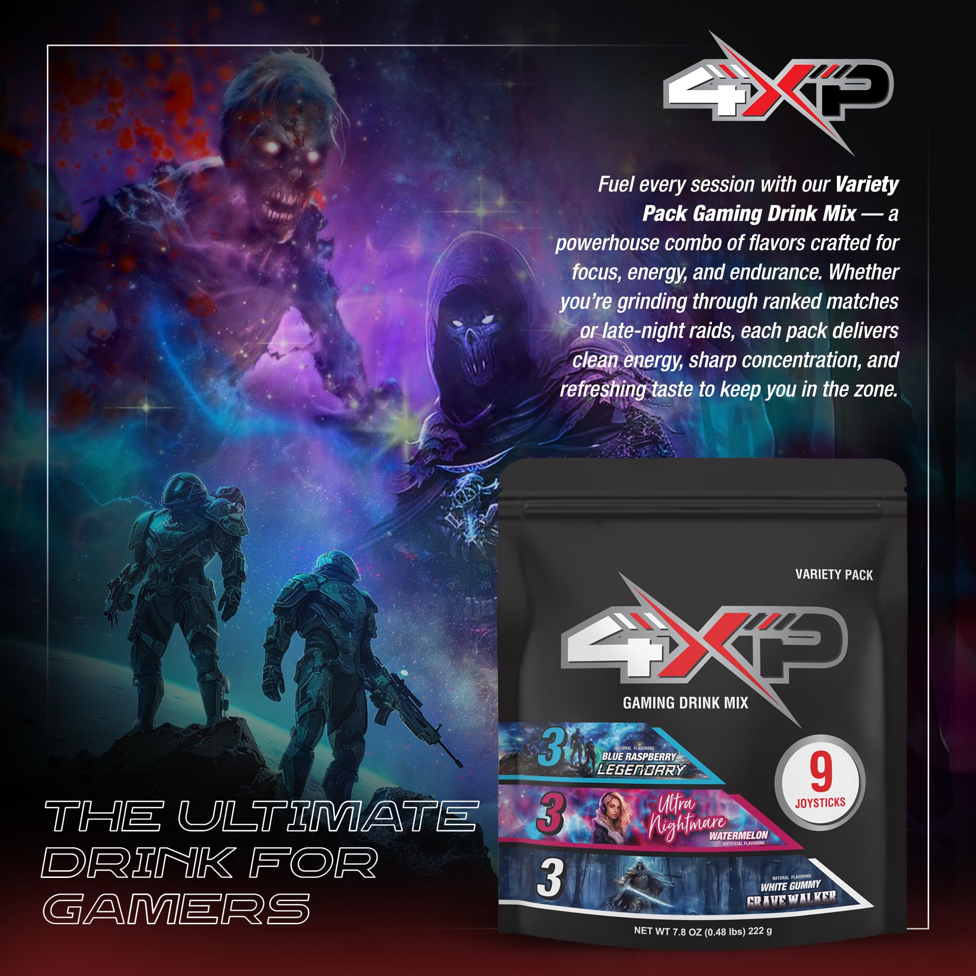 4XP Joystick Variety Pack | Nine Single?Serve Gaming Energy Drink Sticks with Blue Raspberry, Watermelon & White Gummy Flavors | Low Caffeine