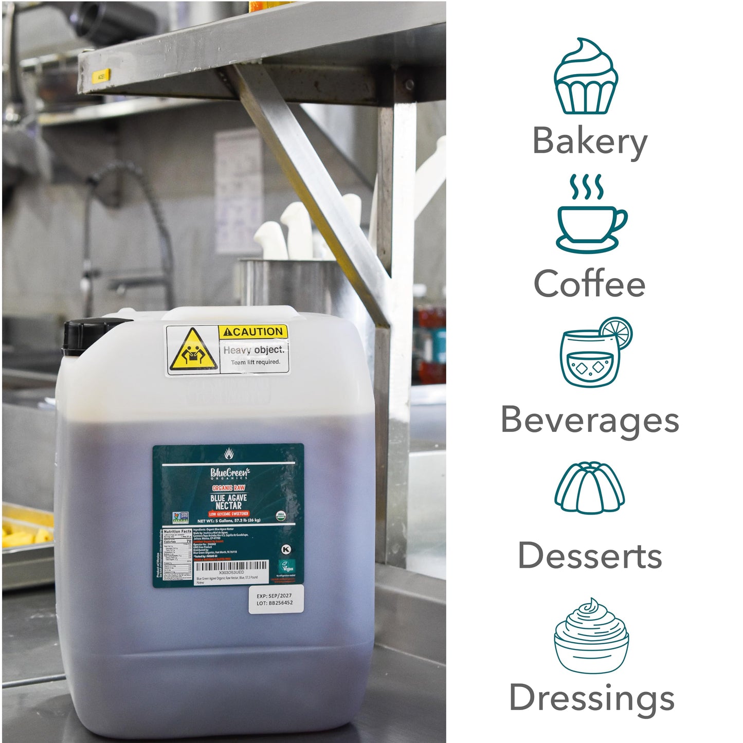 BLUE GREEN ORGANICS 57.3 lb Raw Blue Agave , 5 Gallon Bulk Organic Sweetener , Low Glycemic Index Sugar Alternative for Coffee, Tea & Smoothies