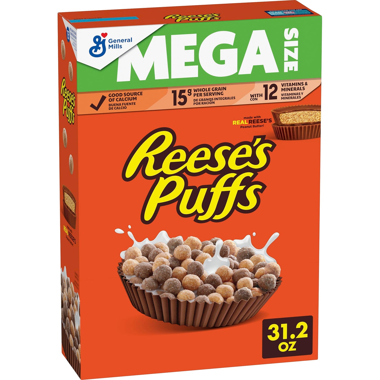 REESE’S PUFFS Chocolatey Peanut Butter Cereal, Kid Breakfast Cereal, Mega Size, 31.2 oz