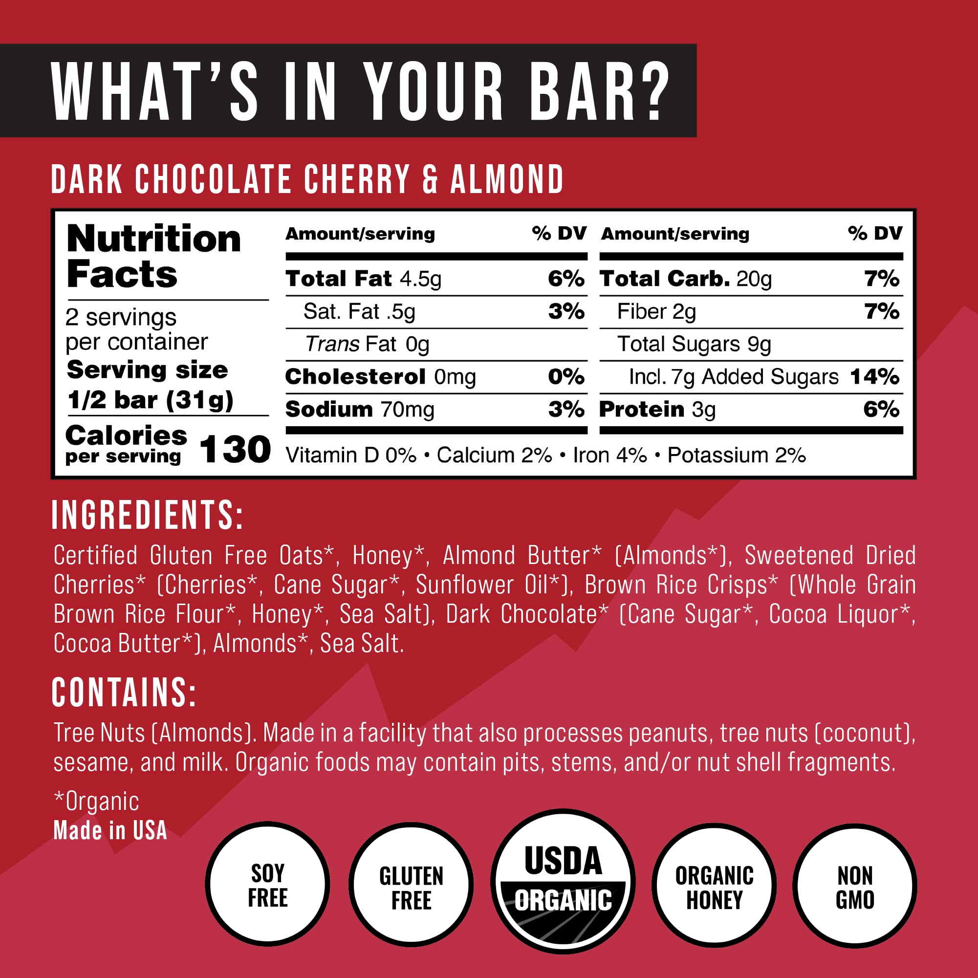 Kates Real Food Organic Dark Chocolate Cherry & Almond Handle Bar 12 Count, 2.2 OZ