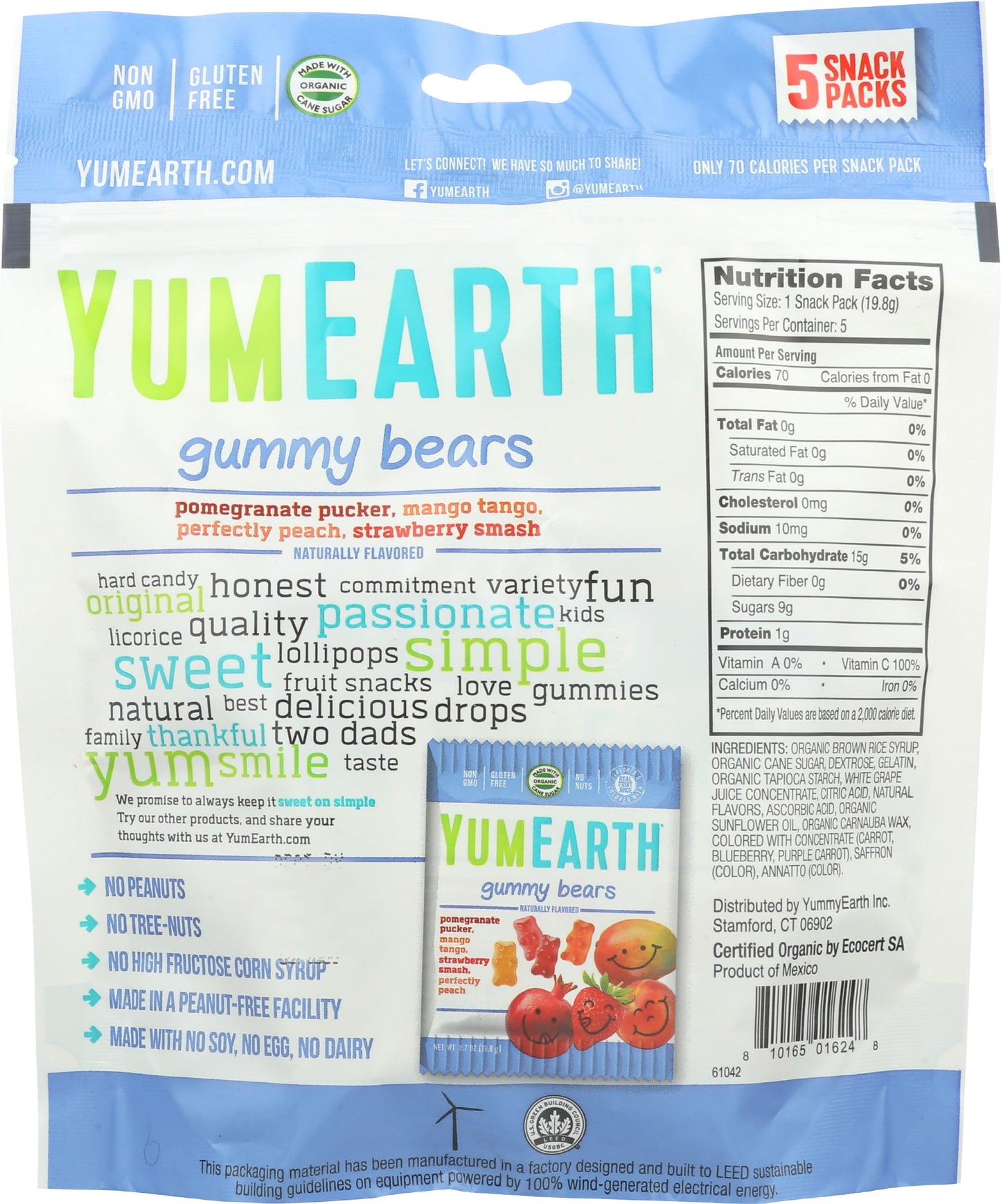 YumEarth Gluten Free Gummy Bears, Assorted Flavors, 99 grams, 5 Snack Packs Per Bag