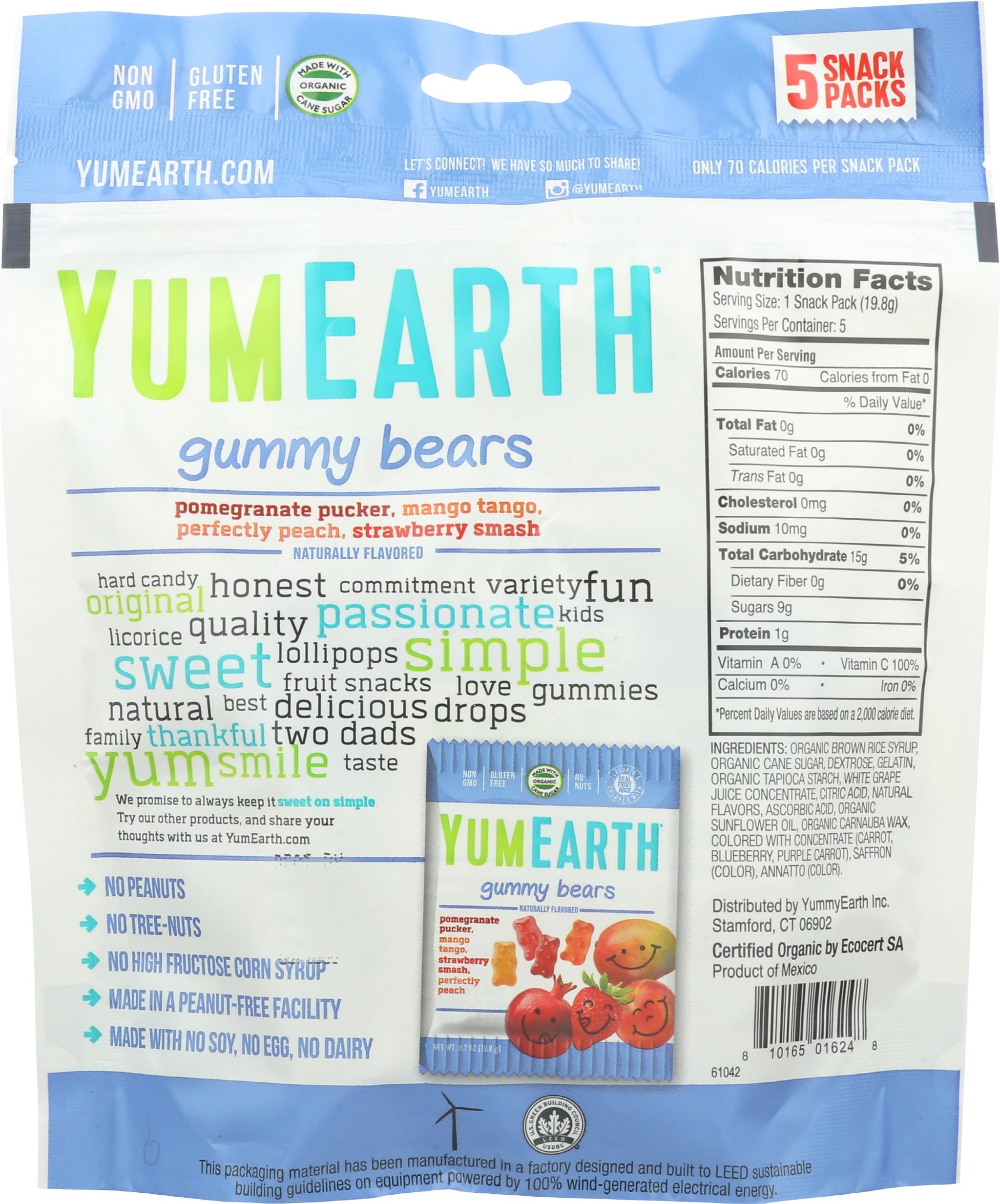 YumEarth Gluten Free Gummy Bears, Assorted Flavors, 99 grams, 5 Snack Packs Per Bag