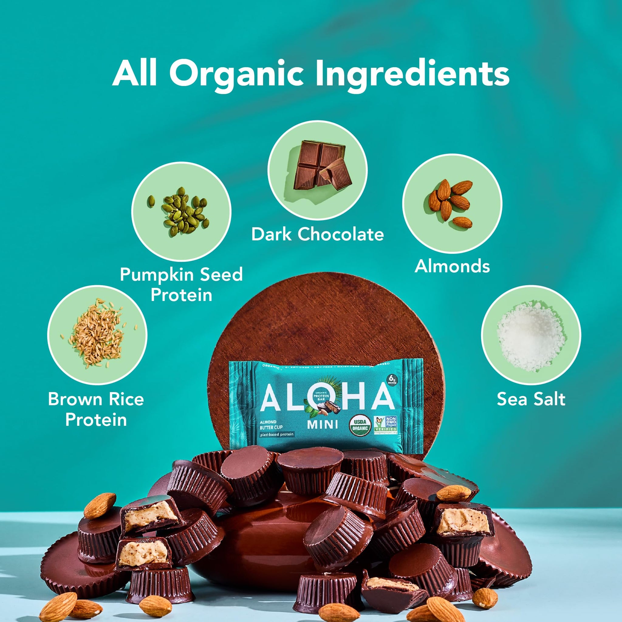 ALOHA Organic Plant Based Protein Bar MINIS | Almond Butter Cup | GLP-1 Friendly, 20 Count, 24g Bars | Vegan, Low Sugar, Gluten Free, Low Carb