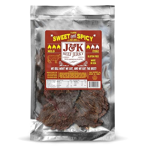 J&K Sweet and Spicy Beef Jerky - Hand Crafted Small Batch American Made Slab Beef Jerky - Bold & Flavorful Snack! - 7oz Big Bag