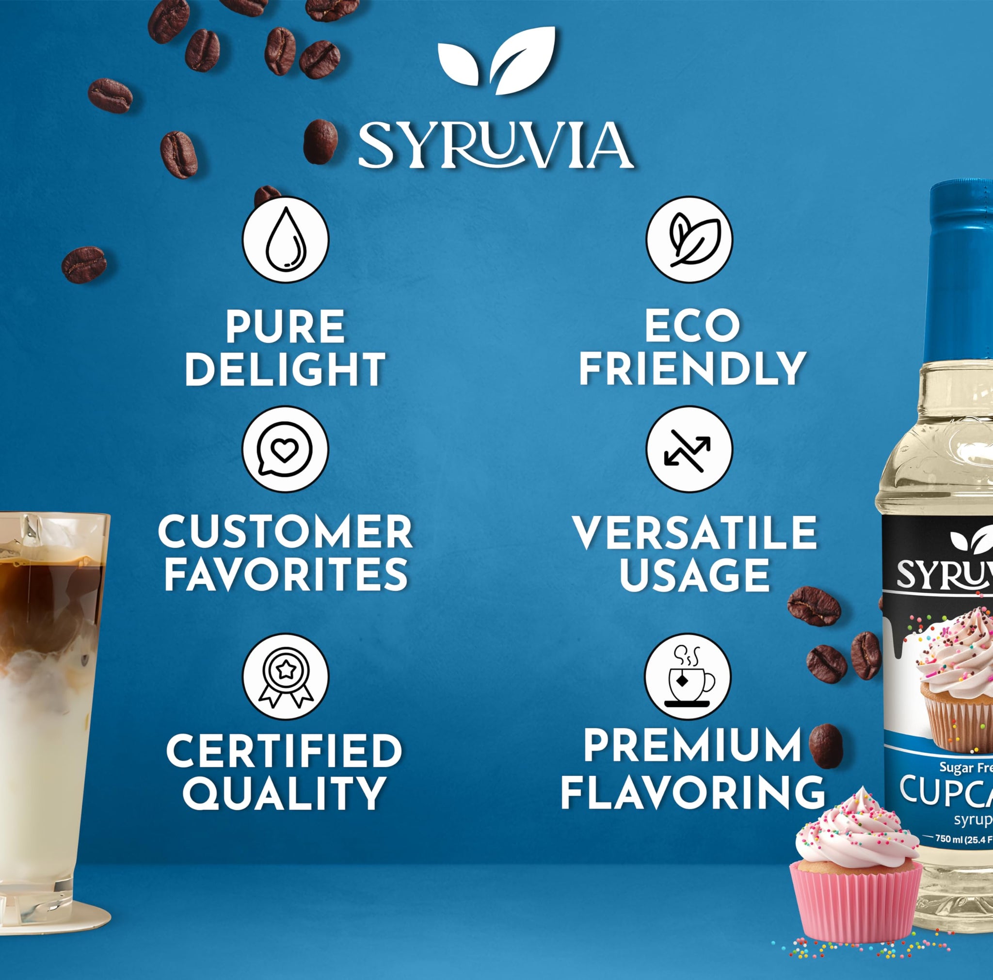 Syruvia Sugar Free Coffee Syrup, Cupcake Flavored Syrup for Drinks, Lattes, and Desserts - 25.4 fl oz, With Pump