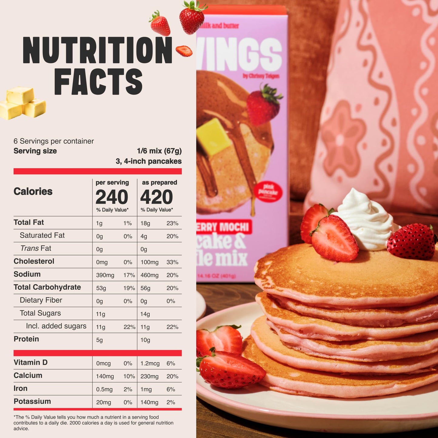 Cravings by Chrissy Teigen Gluten Free Pancake and Waffle Mix, Strawberry Mochi Pancakes & Waffles, Add Eggs, Milk, & Oil, Makes 18 Pancakes (Pack of 3)