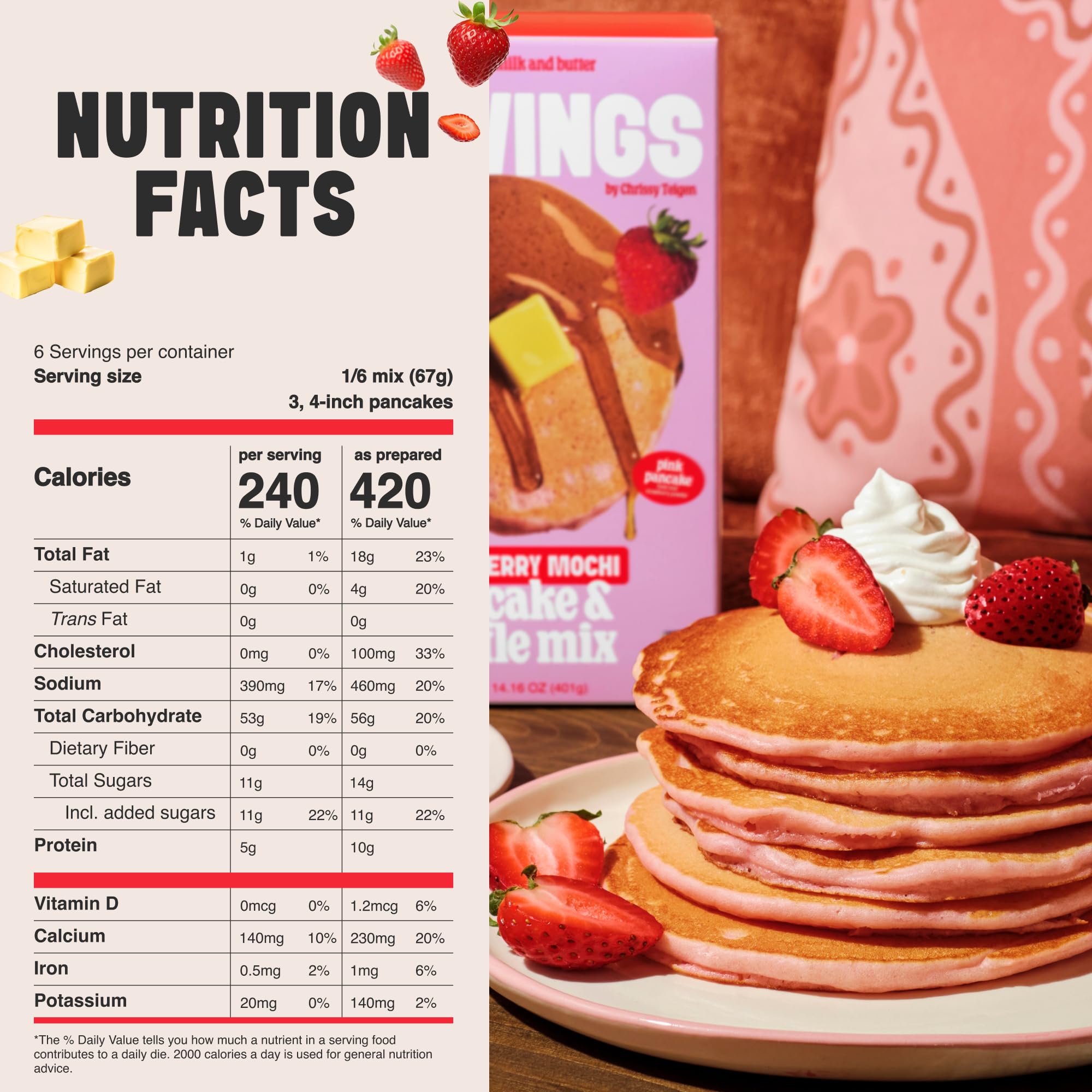 Cravings by Chrissy Teigen Gluten Free Pancake and Waffle Mix, Strawberry Mochi Pancakes & Waffles, Add Eggs, Milk, & Oil, Makes 18 Pancakes (Pack of 3)