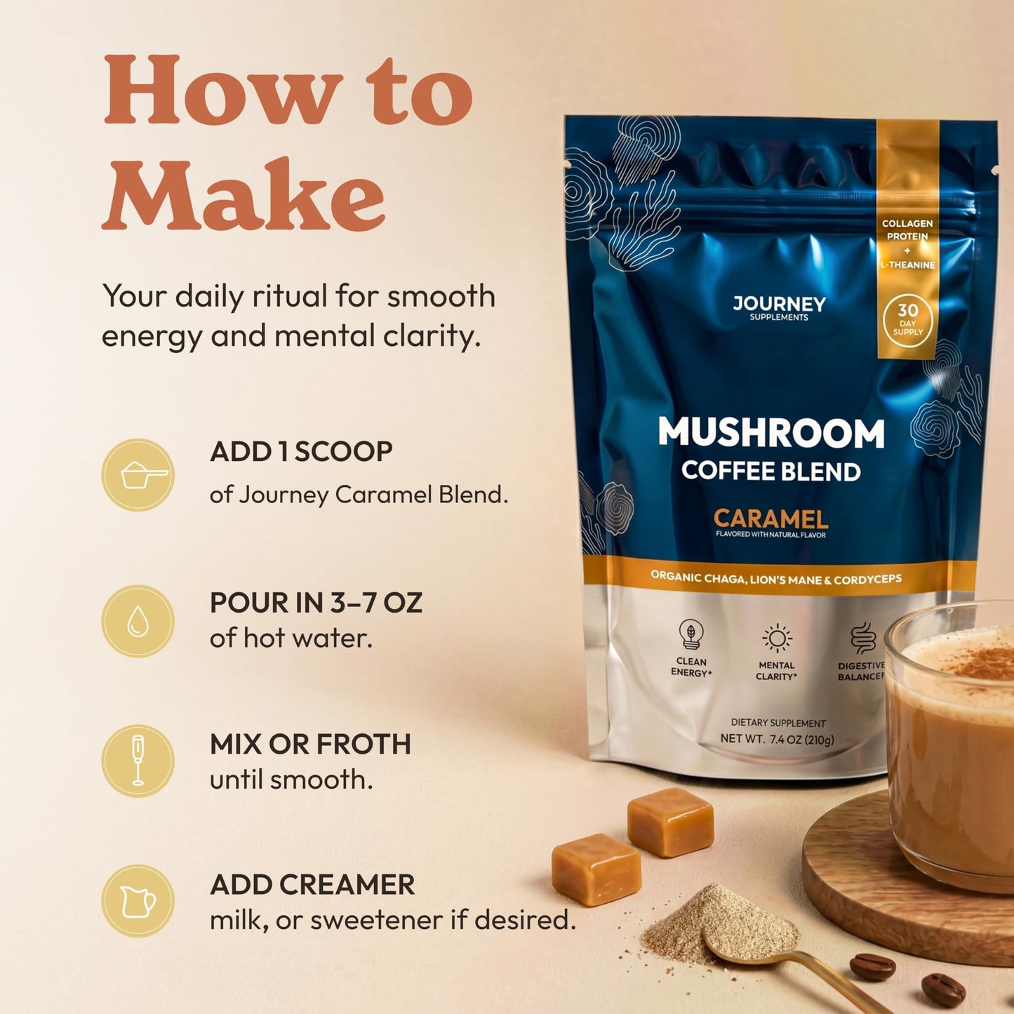 Mushroom Coffee with Collagen - Caramel Blend - Adaptogenic Instant Coffee for Energy, Focus, & Mental Clarity - Enhanced with Lion’s Mane, Chaga
