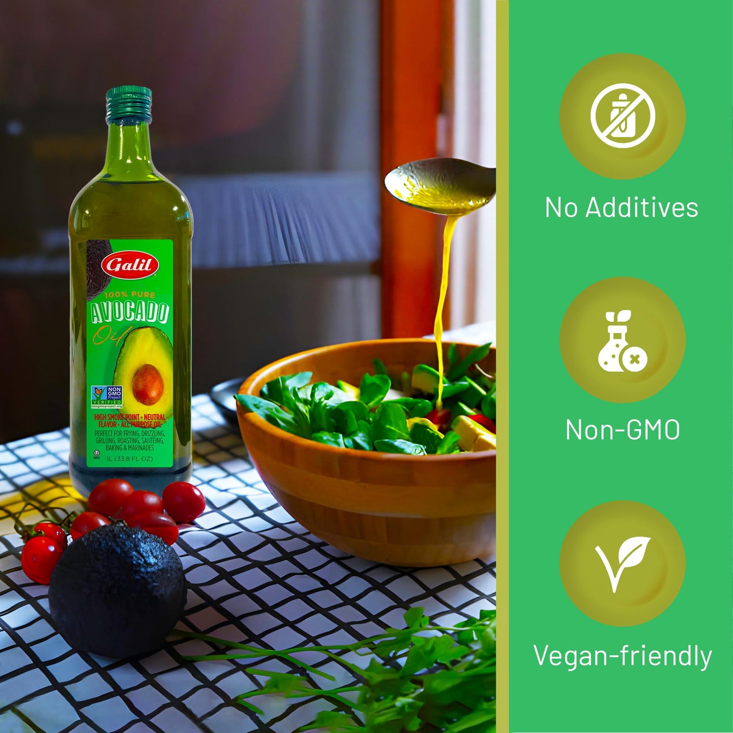 Galil 100% Pure Avocado Oil - High Smoke Point 500°F Non-GMO, Vegan, Halal Certified - Perfect for Cooking, Baking, Sautéing, Dressings & Marinades, Rich in Healthy Fats - 1 Liter Glass Bottle
