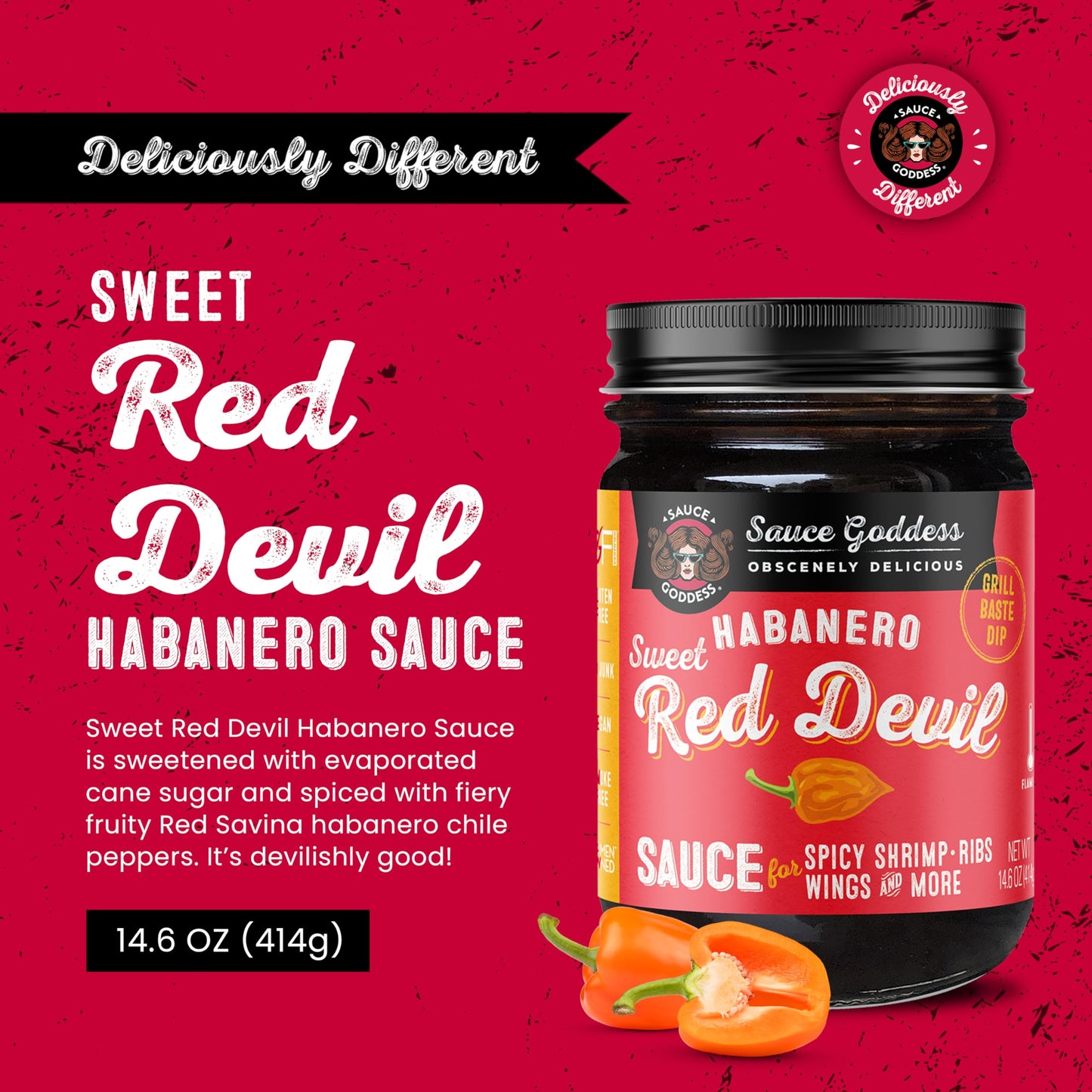 Sauce Goddess - Sweet Red Devil Habanero BBQ Sauce - Fiery & Flavorful for Chicken Wings, Burgers & More, Vegan, Low Sodium, No Additives - 14.6oz