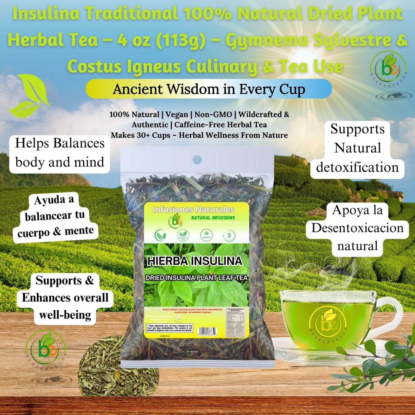 Insulina Traditional 100% Natural Dried Plant Herbal Tea - 4 oz (113g) - Gymnema Sylvestre & Costus Igneus - Wildcrafted Mexican Herb - Sugar-Free, 0