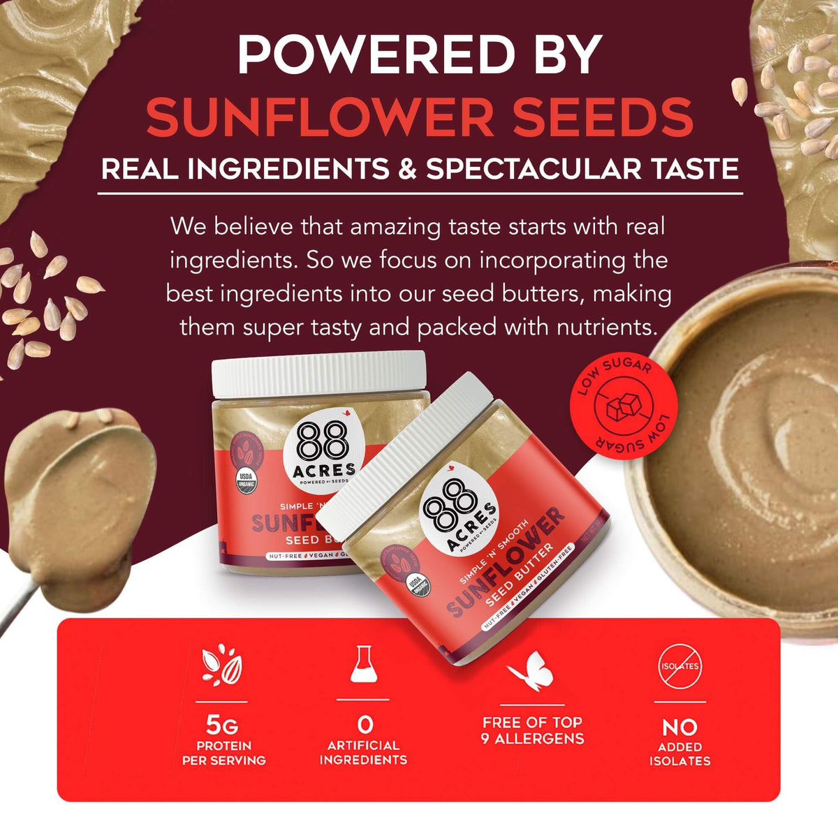 88 Acres Organic Sunflower Seed Butter, 14 oz Jar, 2 Pack, Butter Spread with 5g Plant-Based Protein, Gluten Free, Nut Free, Vegan, Non-GMO