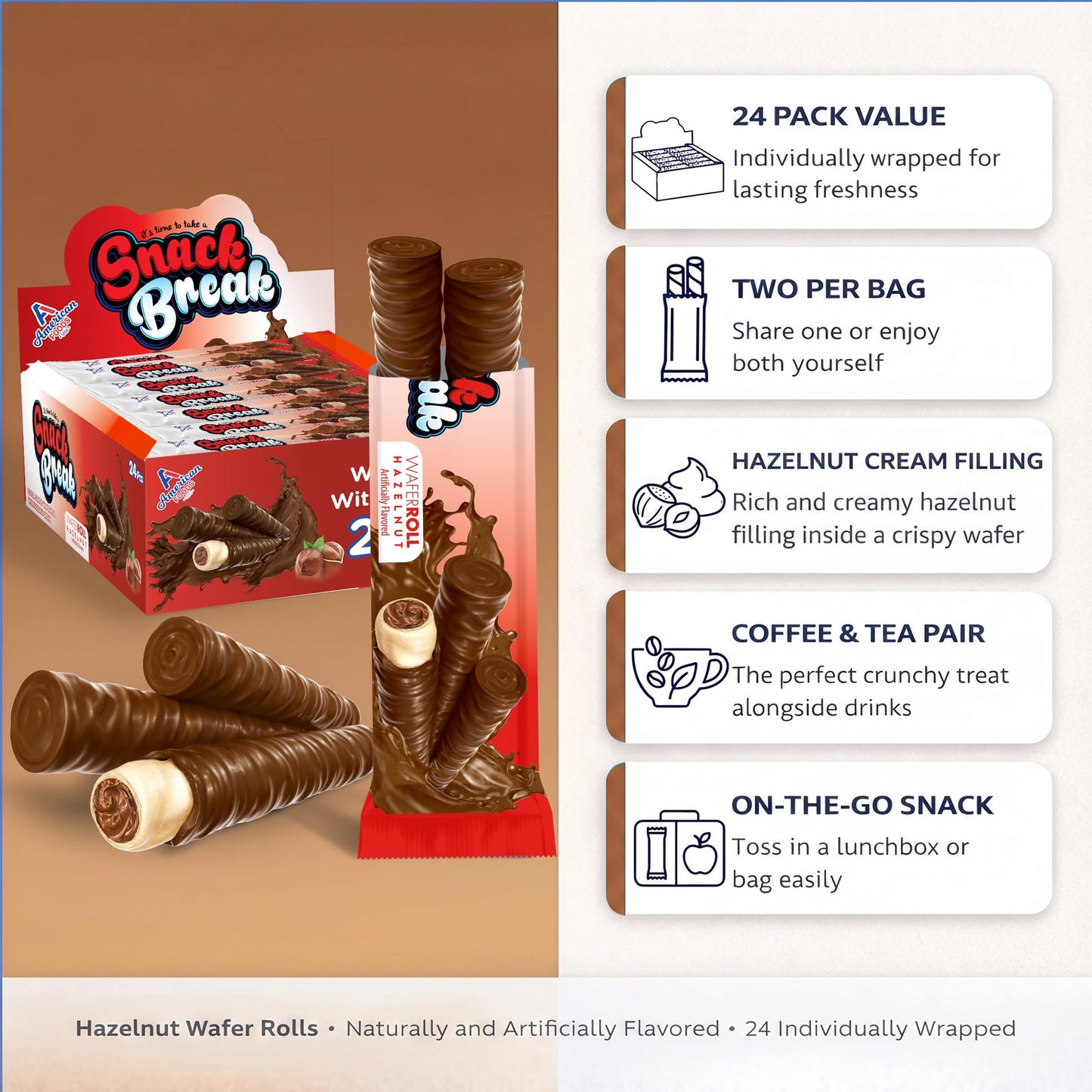Snack Break Hazelnut Wafer Rolls, Cocoa Coated Crispy Rolled Wafer Cookies with Hazelnut Cream Filling, Individually Wrapped On-the-Go Snack, 24 Count