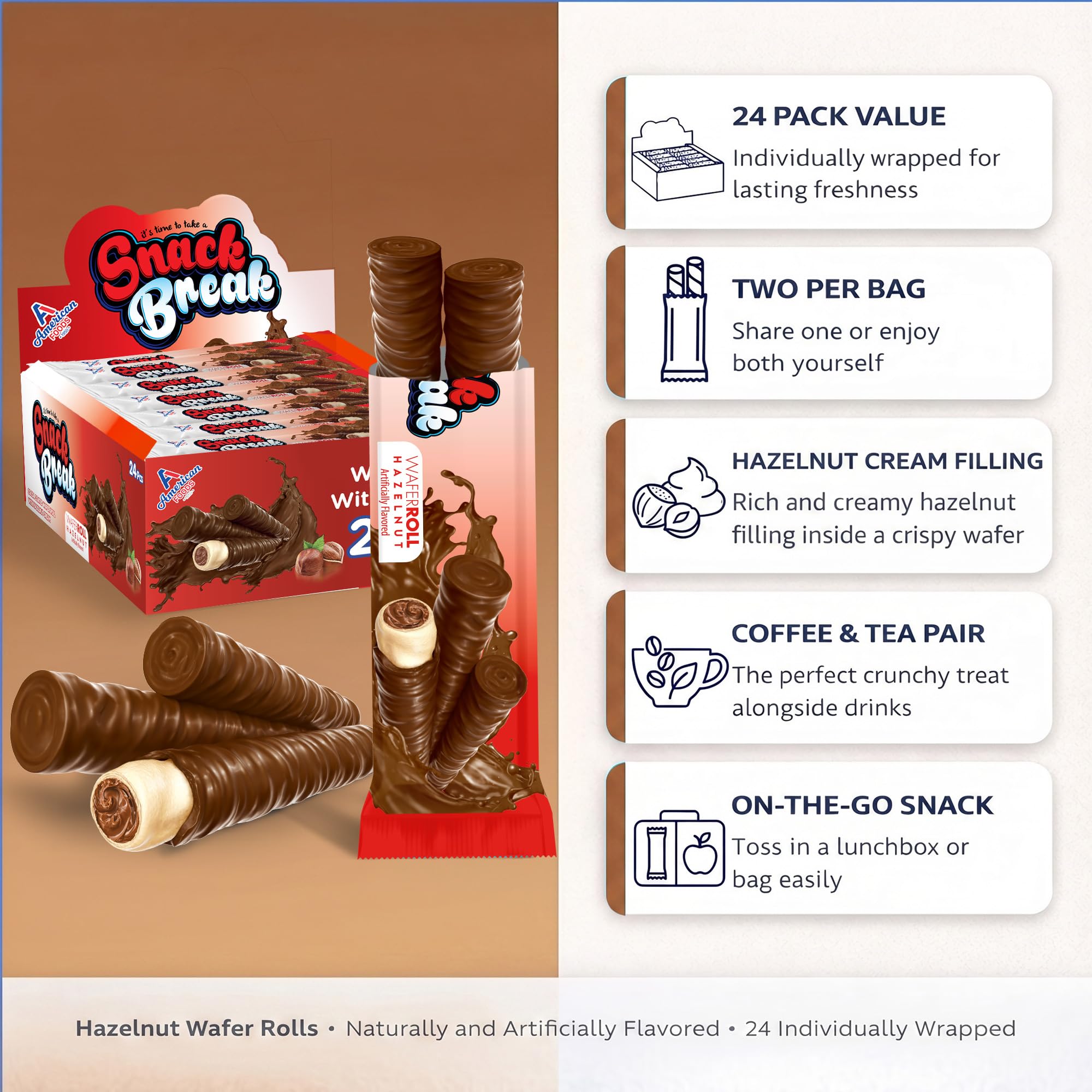 Snack Break Hazelnut Wafer Rolls, Cocoa Coated Crispy Rolled Wafer Cookies with Hazelnut Cream Filling, Individually Wrapped On-the-Go Snack, 24 Count