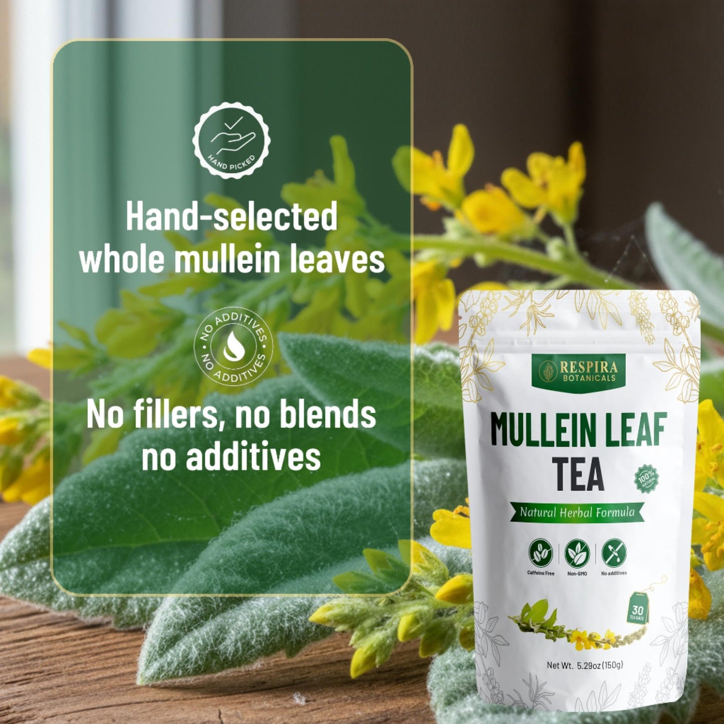Respira Botanicals - Mullein Leaf Tea Bags for Lungs Cleanse and Respiratory Support, Plastic-Free, Plant-Based Tea Bags, Caffeine-Free, No Additives