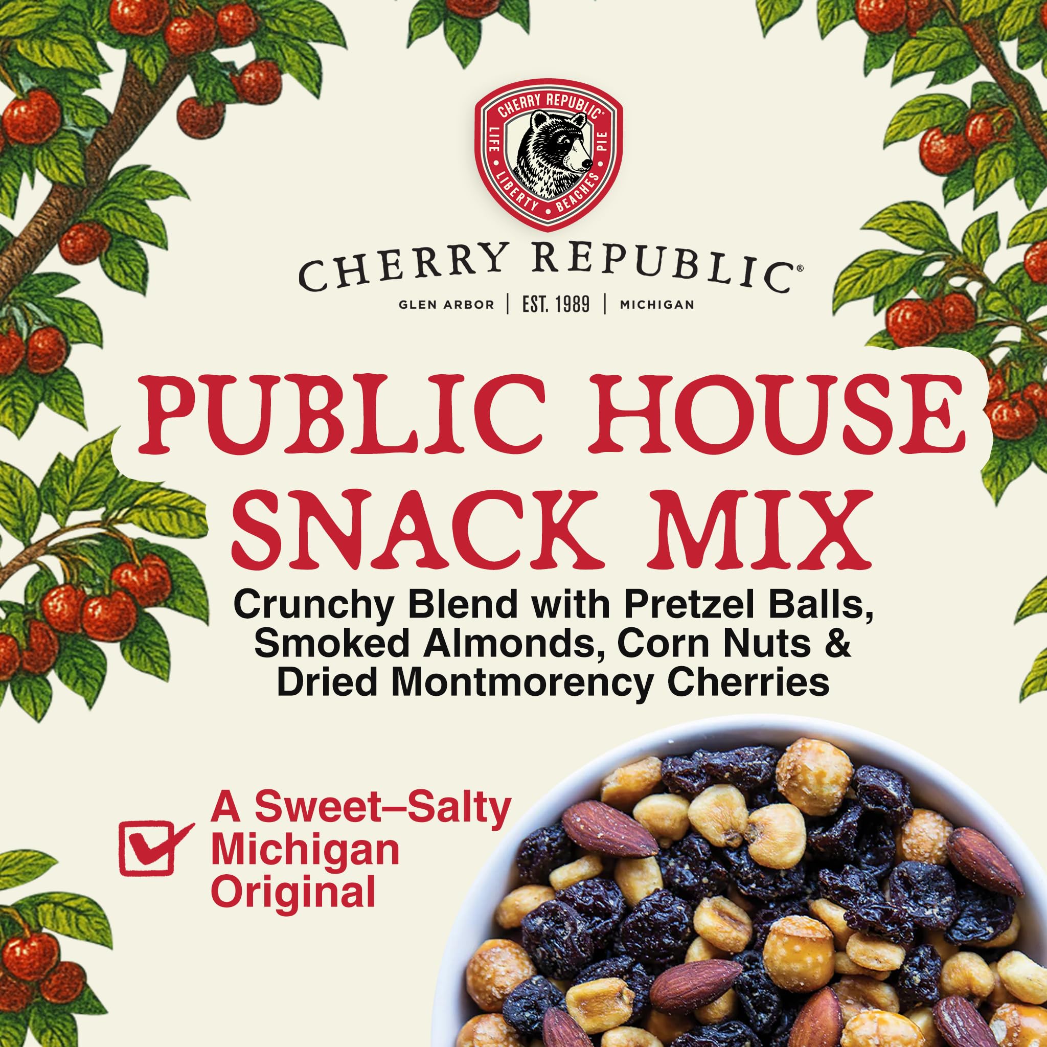 Cherry Republic Public House Snack Mix, 10 oz Bag - Sweet and Salty Pub Mix with Dried Cherries, Hickory Smoked Almonds & Salted Pretzels - Crunchy