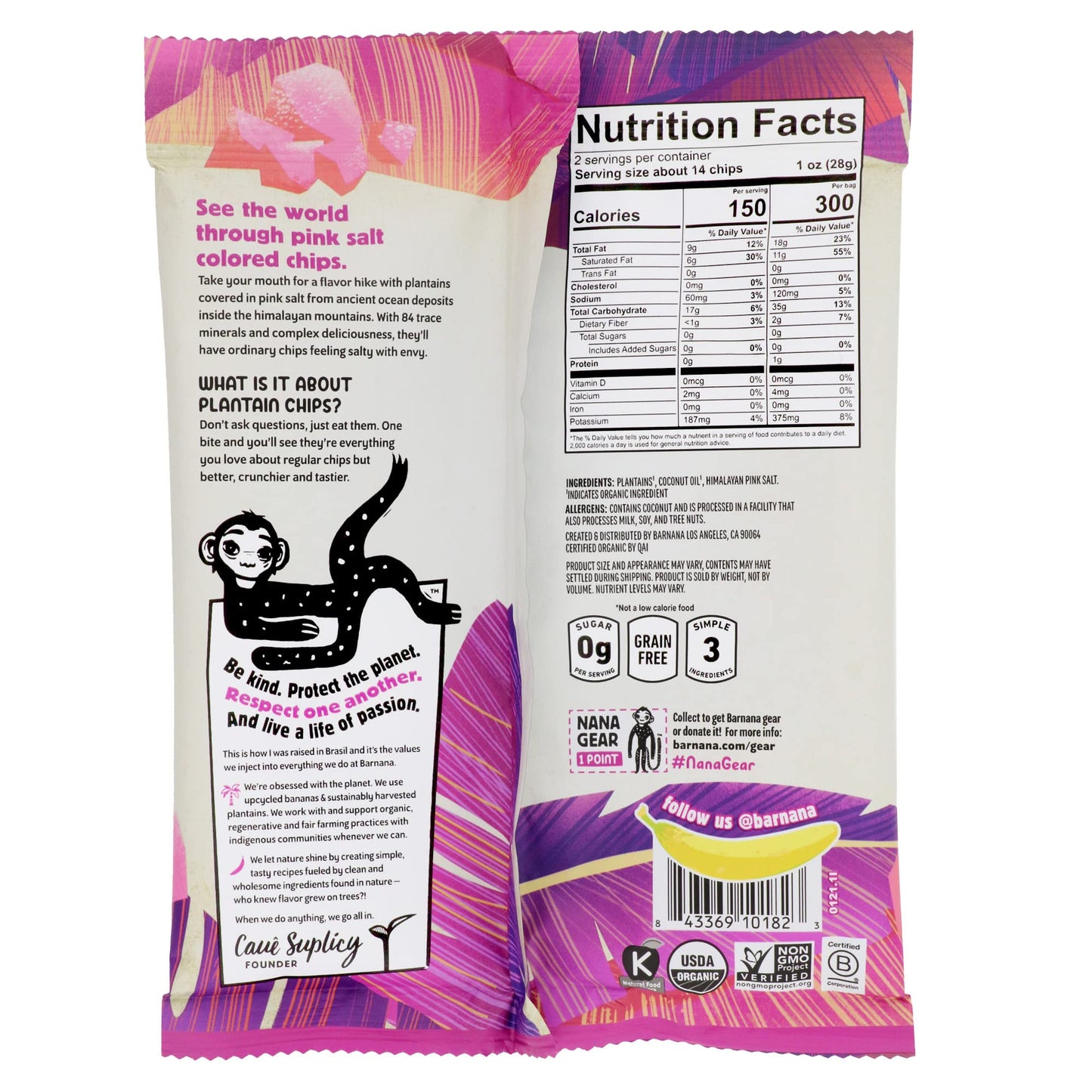 Barnana - Organic Plantain Chips, Himalayan Pink Salt, Healthy Snack Made With 100% Coconut Oil, Non-GMO, Potato Chip Alternative, Zero Sugar, Paleo