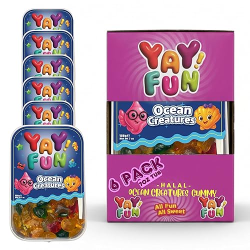 Halal Mix Ocean Creatures Gummy Candy | 6 Pack Bundle (6x7 oz Tubs) | Assorted Sea Animal Shaped Gummies | Resealable Tubs in Bulk with Display Box |