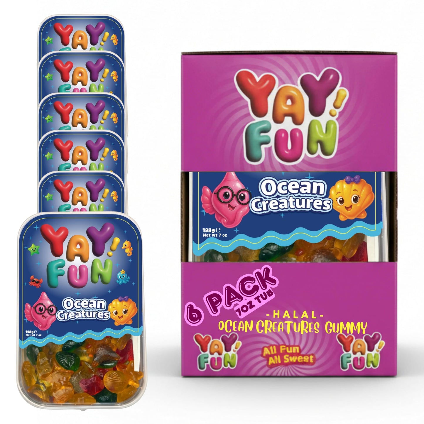 Halal Mix Ocean Creatures Gummy Candy | 6 Pack Bundle (6x7 oz Tubs) | Assorted Sea Animal Shaped Gummies | Resealable Tubs in Bulk with Display Box |
