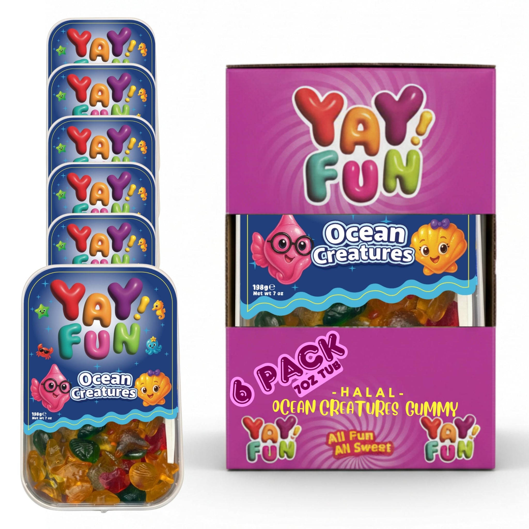 Halal Mix Ocean Creatures Gummy Candy | 6 Pack Bundle (6x7 oz Tubs) | Assorted Sea Animal Shaped Gummies | Resealable Tubs in Bulk with Display Box |