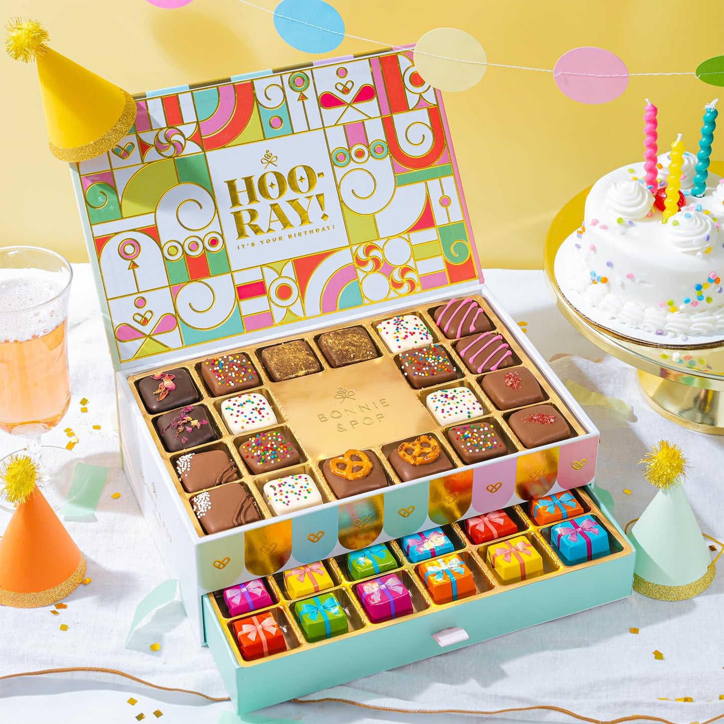 Birthday Gift Basket, Gourmet Candy Food Snack Box, Bday Him & Her, Men, Women, Family Party, Two-Tier Chocolate Gift Box with Assorted Belgian