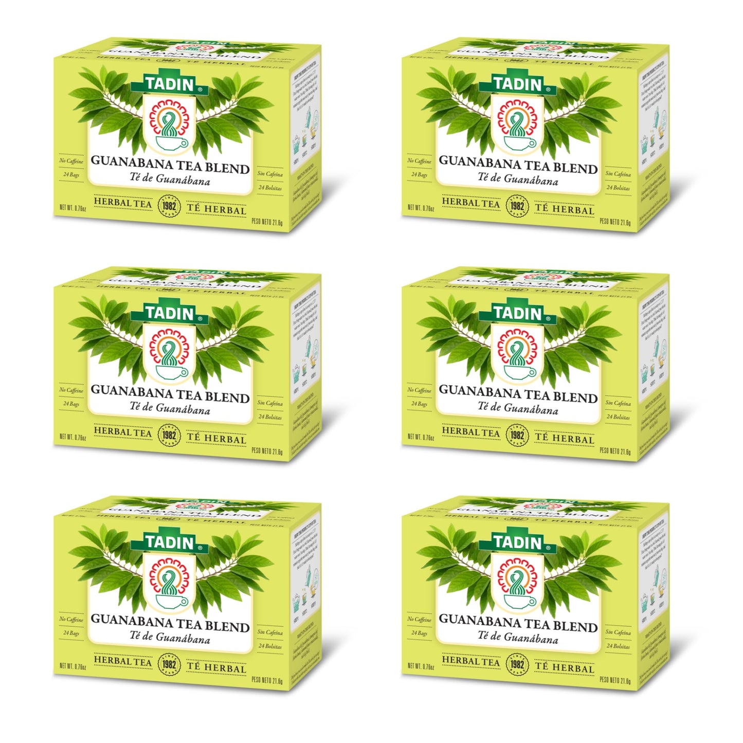 Tadin Guanabana Tea, Soursop Tea, Herbal Tea, Caffeine Free, Decaffeinated, 24 Tea Bags Per Box, Pack of 6