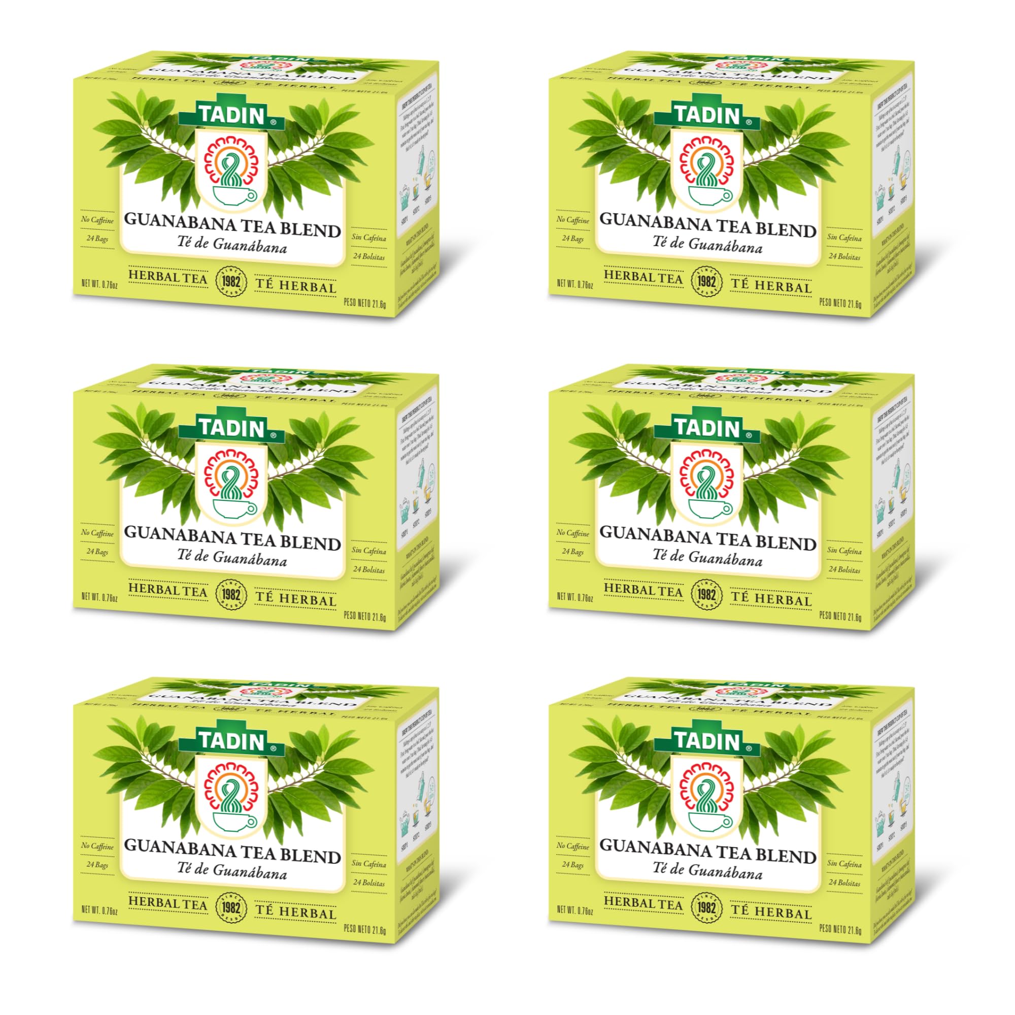 Tadin Guanabana Tea, Soursop Tea, Herbal Tea, Caffeine Free, Decaffeinated, 24 Tea Bags Per Box, Pack of 6