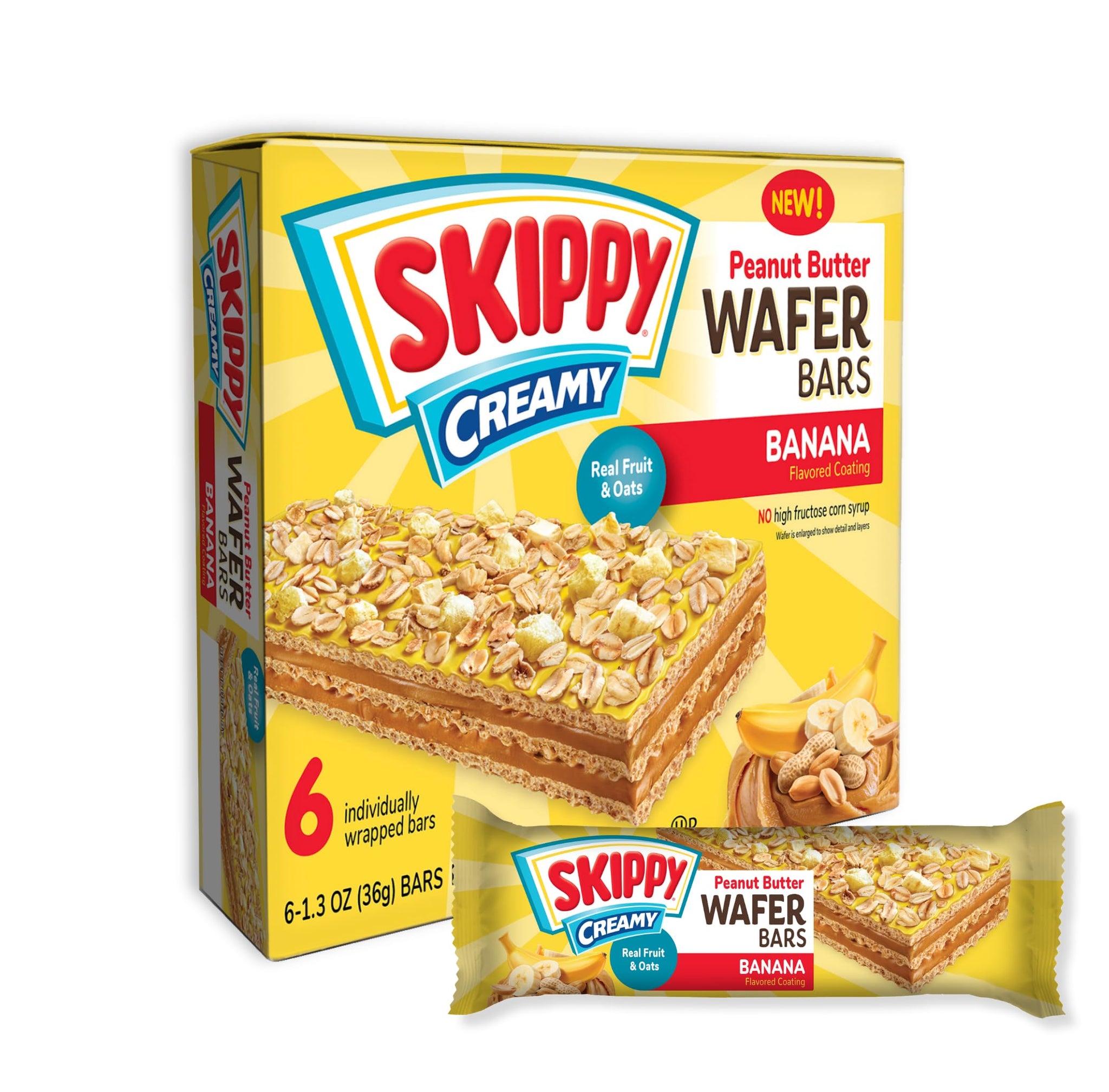 SKIPPY Creamy Peanut Butter Wafer Bars, Banana Flavor with Real Fruit & Oats, 6 Individually Wrapped Bars (7.8 oz Box)