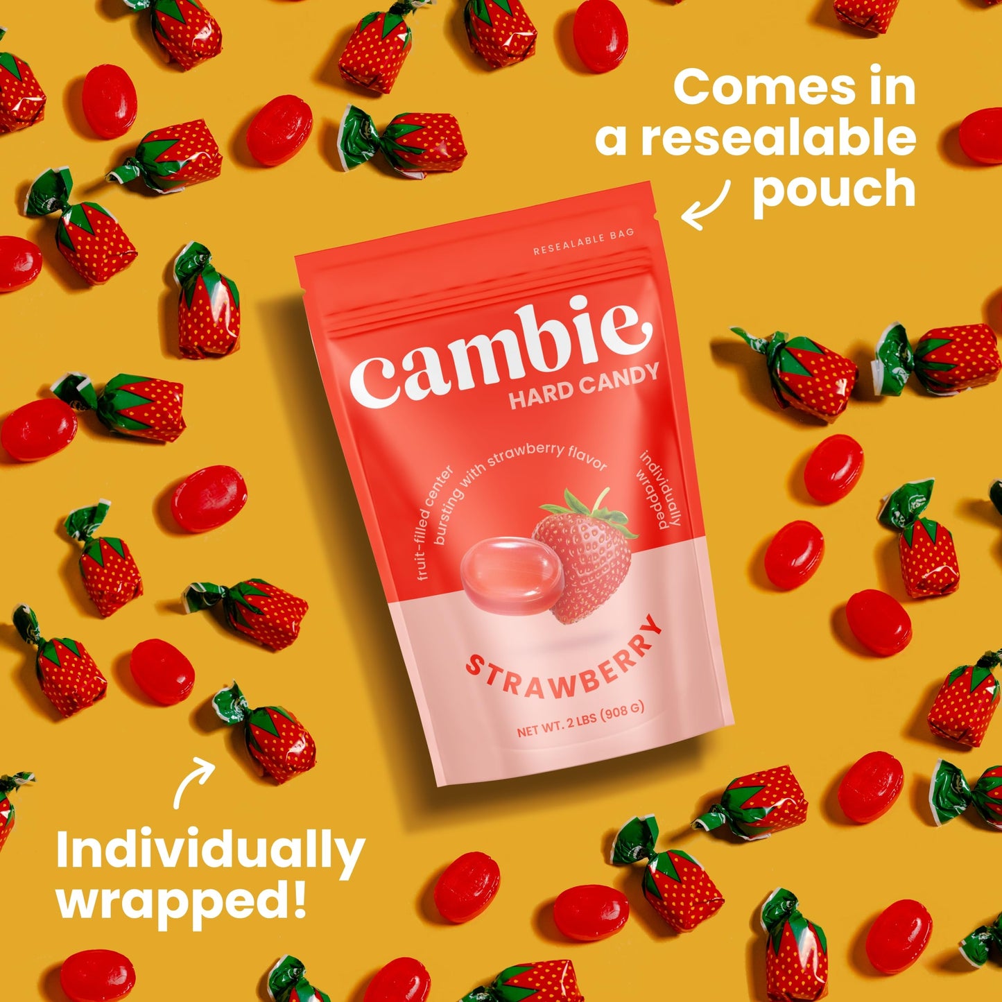 Strawberry Hard Candy Individually Wrapped by Cambie, 2 lbs of Strawberry Candy with a Deliciously Sweet Hard Exterior with a Soft, Fruit-Filled