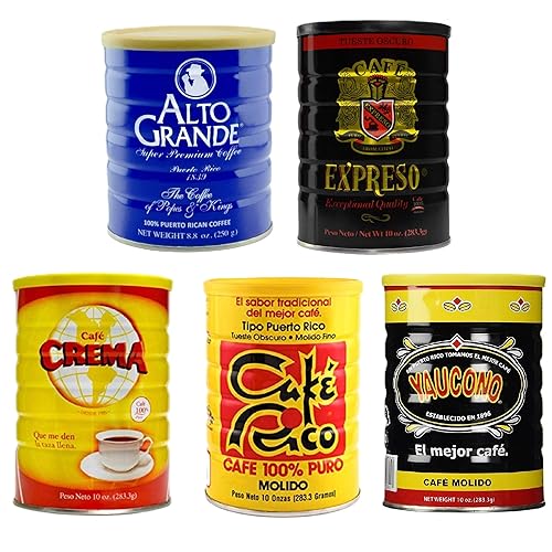 Alto Grande, Garrido Expreso, Cafe Crema, Cafe Rico, and Yaucono Ground Coffee, Puerto Rico Coffee Roasters Variety Bundle Gift Collectors Case, Pack