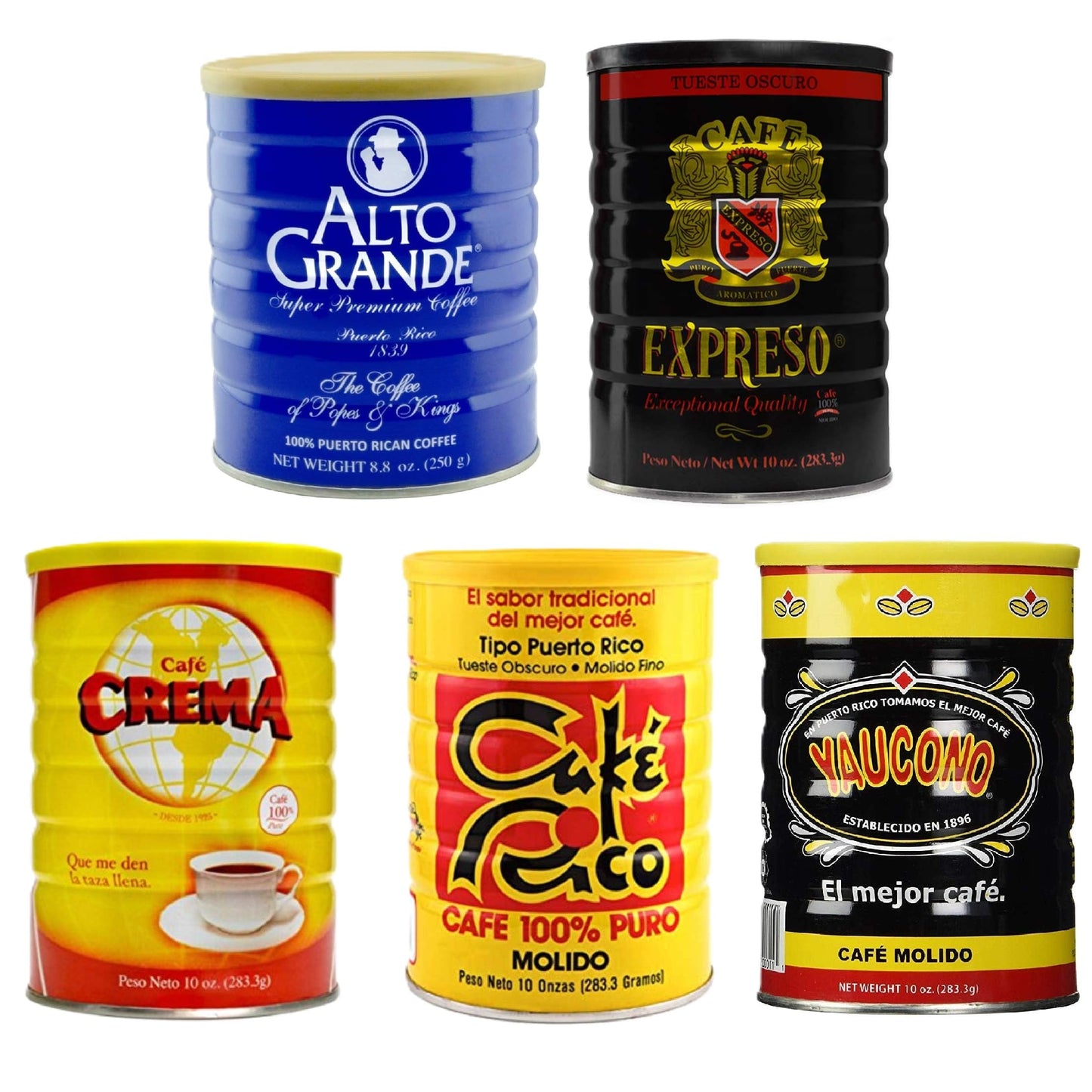 Alto Grande, Garrido Expreso, Cafe Crema, Cafe Rico, and Yaucono Ground Coffee, Puerto Rico Coffee Roasters Variety Bundle Gift Collectors Case, Pack