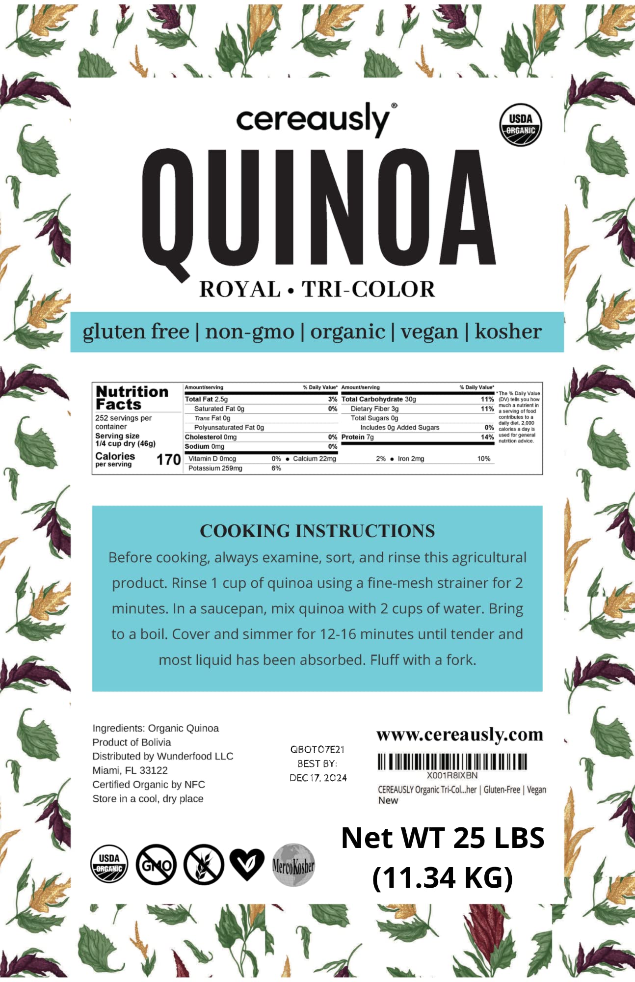 CEREAUSLY Organic Tri-Color Quinoa - Premium Royal Quinoa from Bolivia - Kosher and Non-GMO Quinoa Bulk - Vegan and Gluten-Fee Cooking Quinoa - 25 LB
