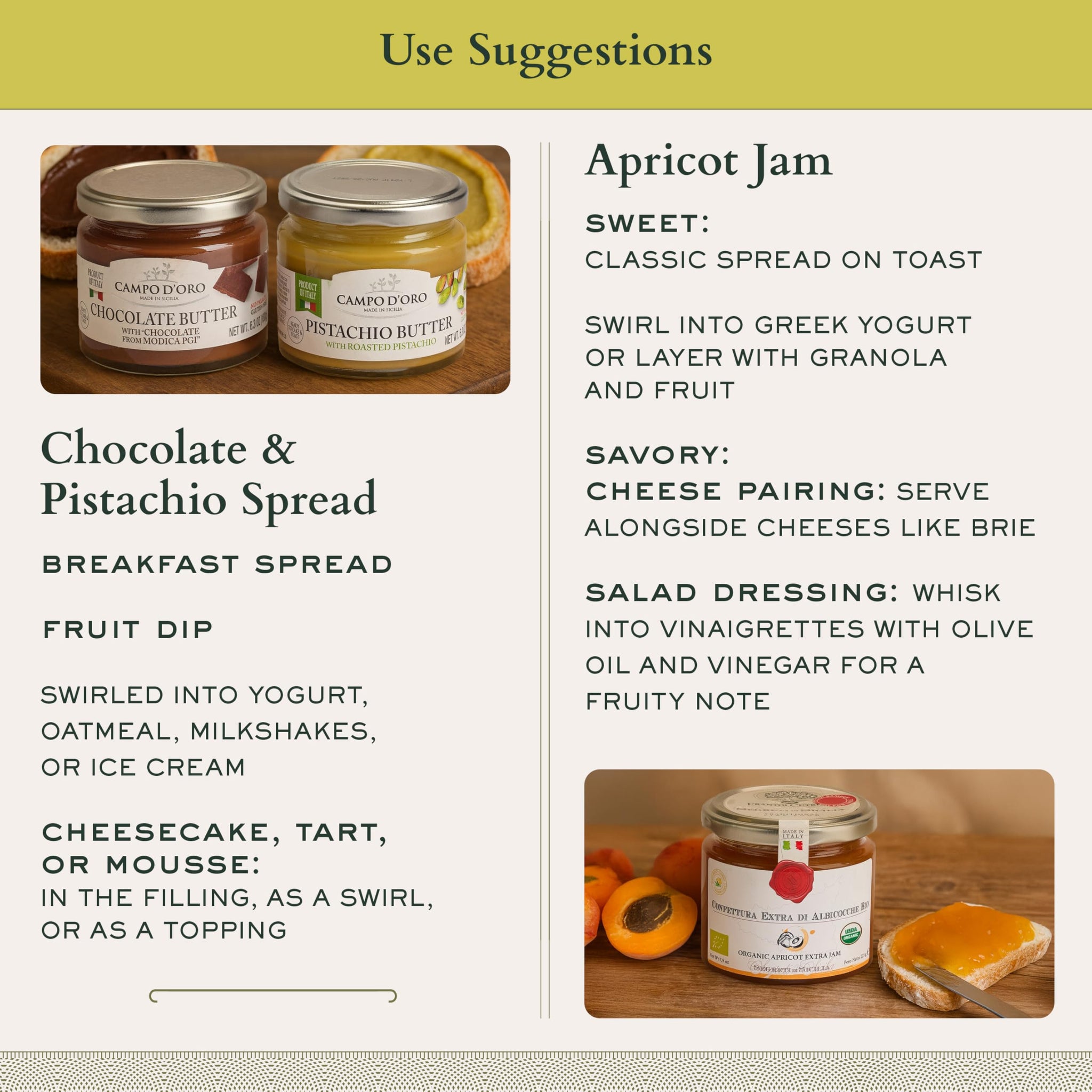 Mercato di Bellina Italian Spread & Jam Gift Set - Includes Apricot Jam, Pistachio Butter & Chocolate Spread Made in Italy, Ideal for Breakfast Gift