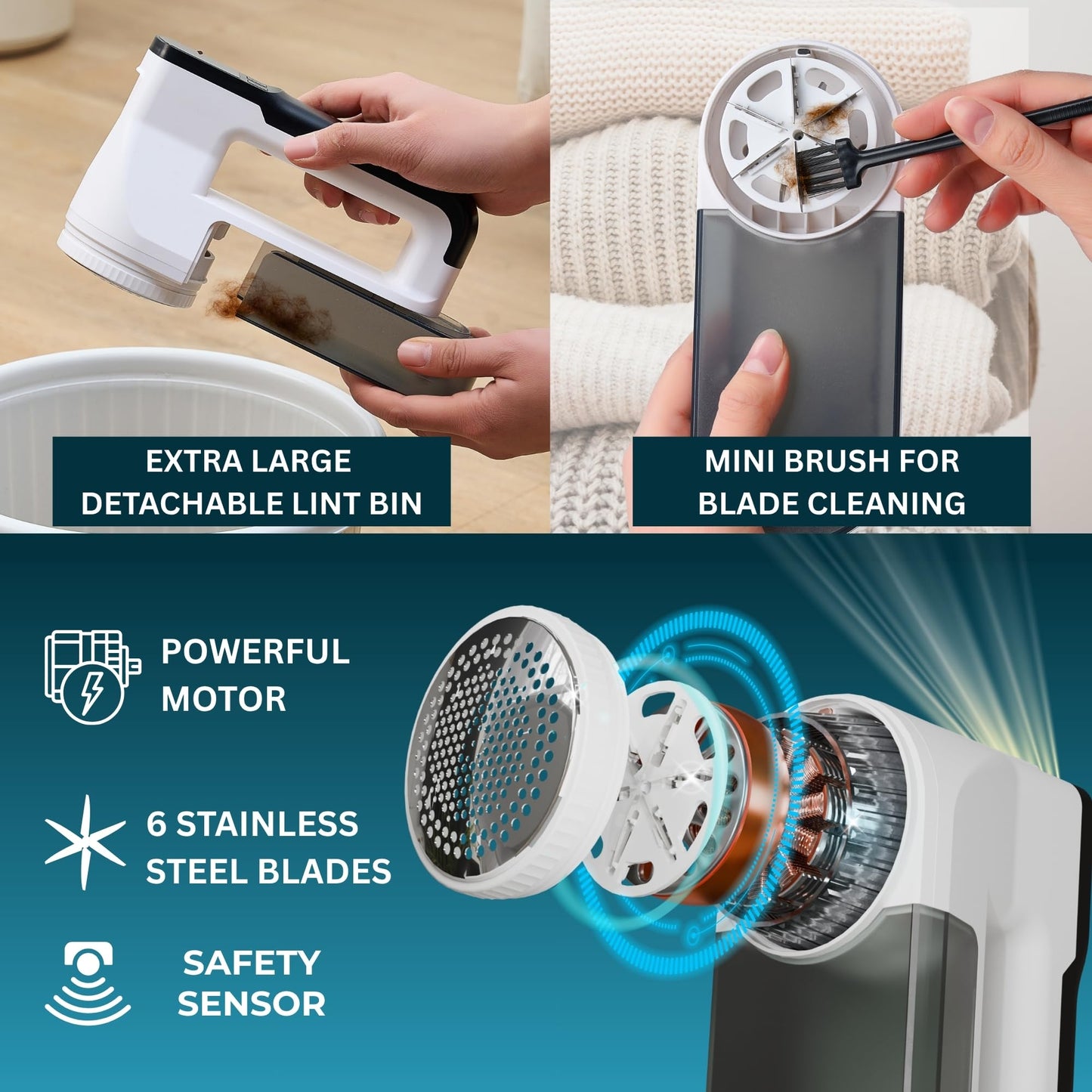 True & Tidy XL Fabric Shaver & Lint Remover Rechargeable Electric Sweater Defuzzer w/ 6-Blade Stainless Steel, 3 Speeds, LED Display, 2 Extra Blades