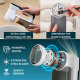 True & Tidy XL Fabric Shaver & Lint Remover Rechargeable Electric Sweater Defuzzer w/ 6-Blade Stainless Steel, 3 Speeds, LED Display, 2 Extra Blades