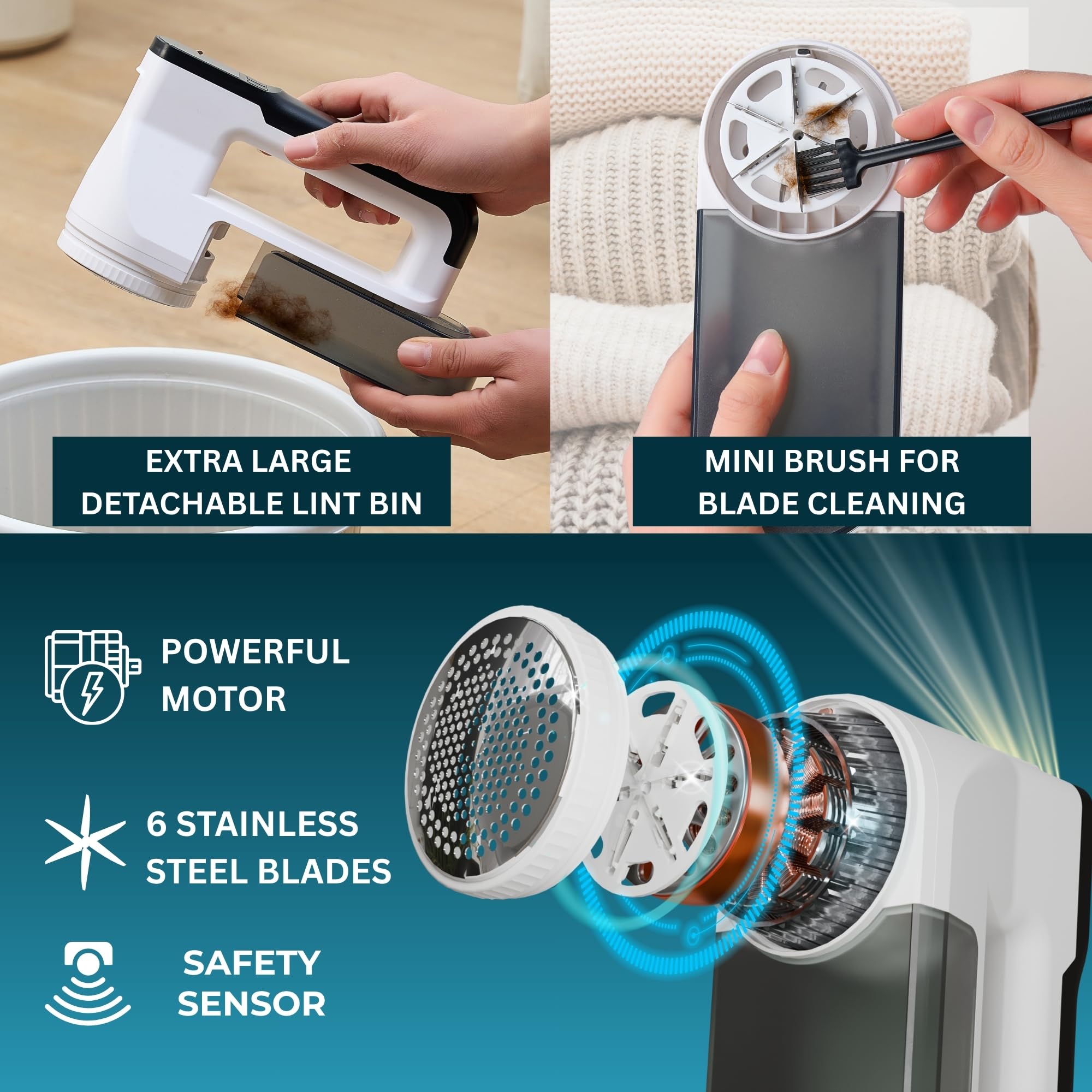True & Tidy XL Fabric Shaver & Lint Remover Rechargeable Electric Sweater Defuzzer w/ 6-Blade Stainless Steel, 3 Speeds, LED Display, 2 Extra Blades