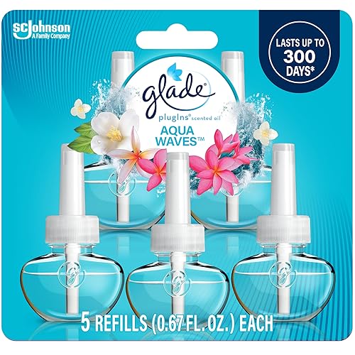 Glade PlugIns Refills Air Freshener, Scented and Essential Oils for Home and Bathroom, Aqua Waves, 3.35 Fl Oz, 5 Count