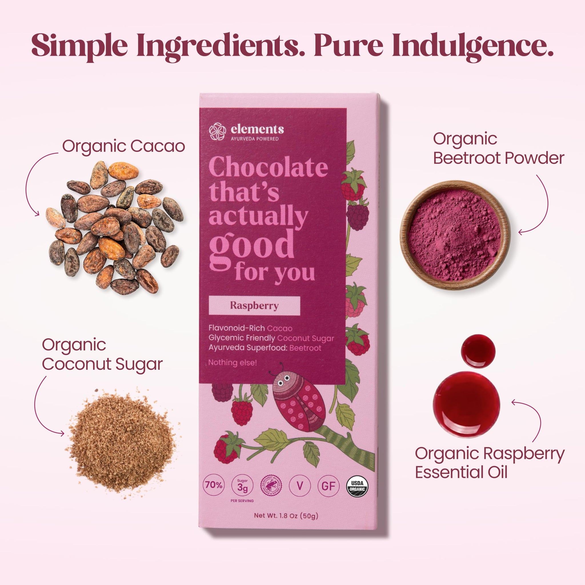Elements Truffles Raspberry Flavoured Dark Chocolate Bar| Ayurvedic, Vegan & Gluten Free | No Refined Sugar & Artificial Flavours | Enriched