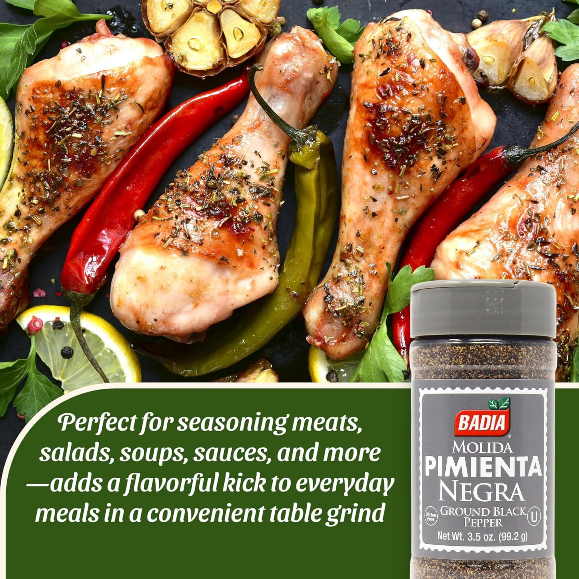 Badia Ground Black Pepper, 3.5 oz - Pure, Bold & Aromatic Spice for Cooking, Grilling & Seasoning