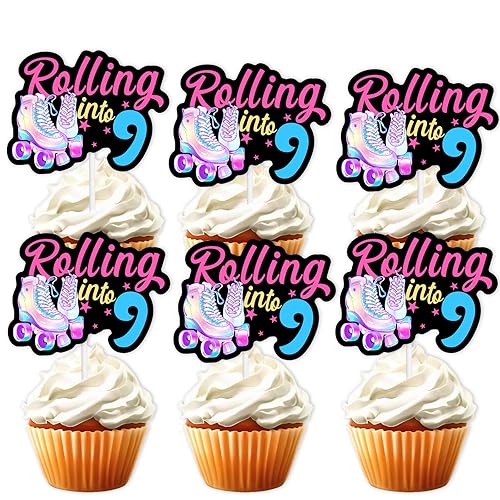 18pcs Black Glitter Pink Roller Skates Dessert Cupcake Topper 80s 90s Retro Hip Hop Roller Skating Rolling into 9 Theme Decor Supplies Boy Girl 9th