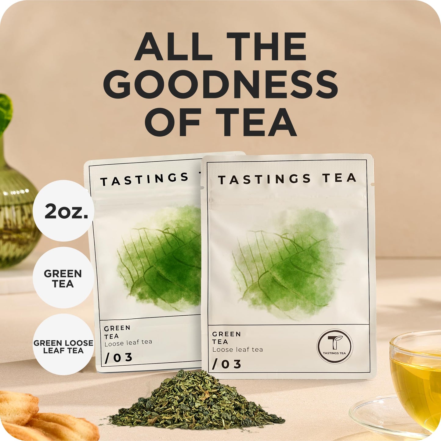 Tastings Tea Green Tea - 2.75 oz Loose Leaf | Enhanced Focus & Mental Clarity | Practice Mindfulness