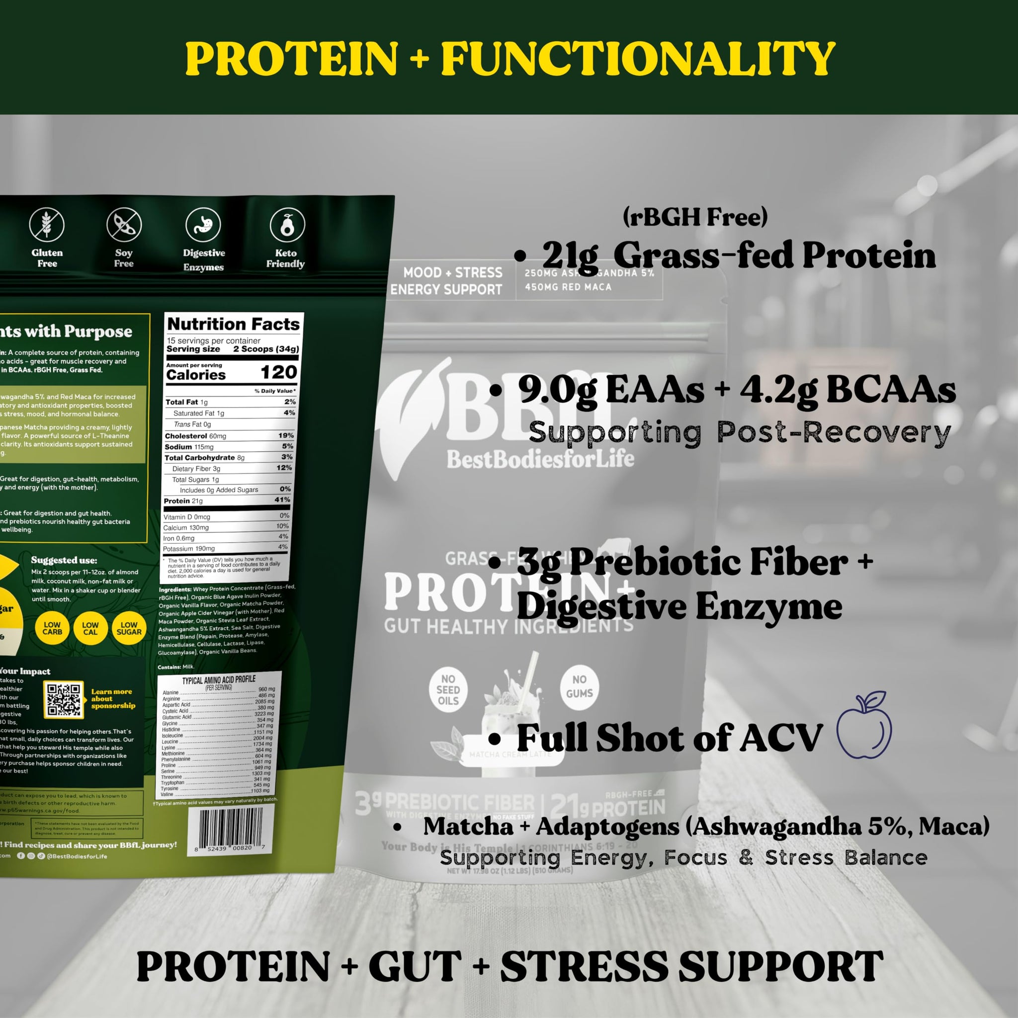 BBfL Grass-Fed Whey Protein Shake - 21g rBGH-Free Protein, Matcha + Apple Cider Vinegar, Prebiotics, Digestive Enzymes, Adaptogens for Stress & Mood