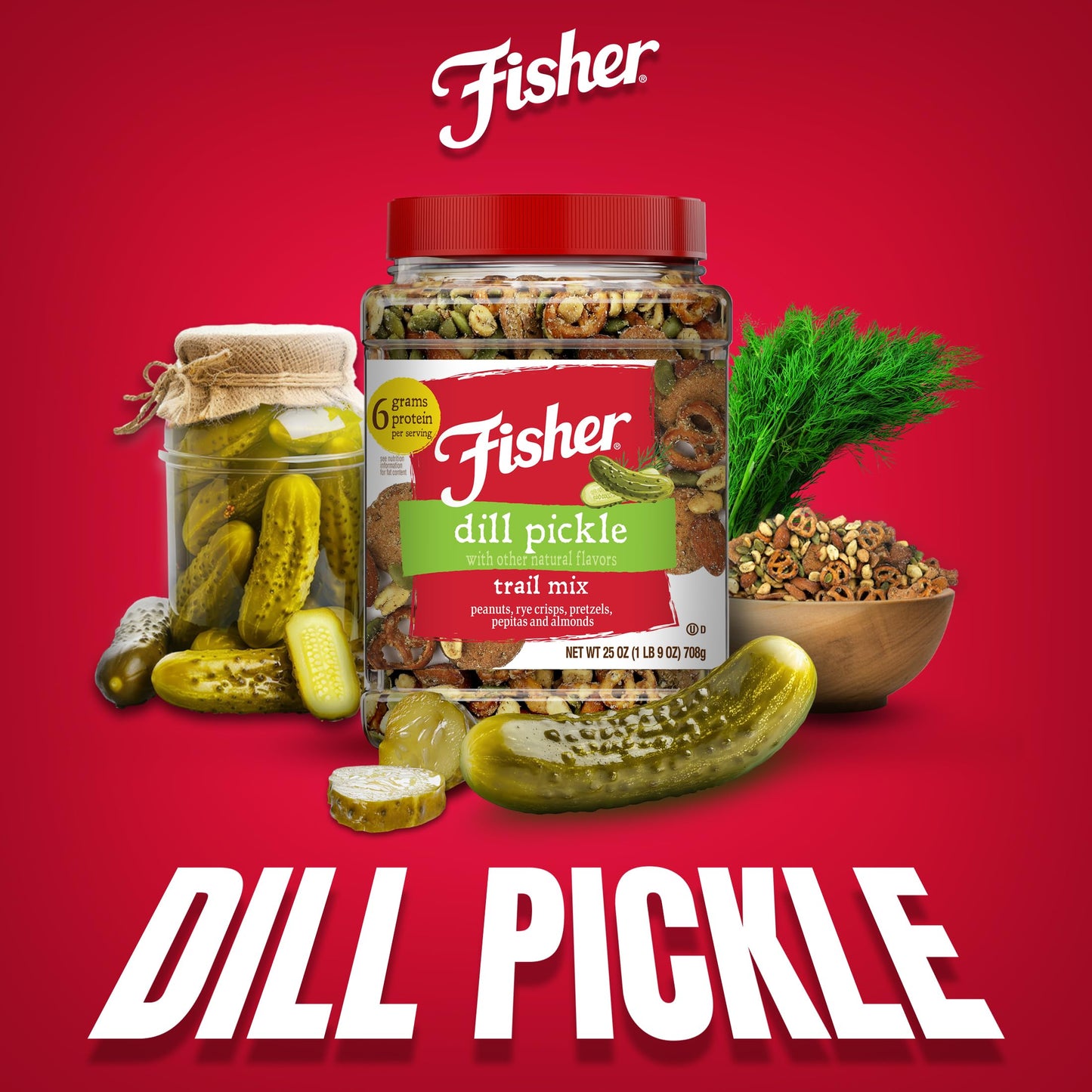 Fisher Dill Pickle Trail Mix, 25 oz (Pack of 1), Resealable Jar, Peanuts, Rye Crisps, Pretzels, Pepitas & Almonds, 6 g Protein Snacks, No Artificial