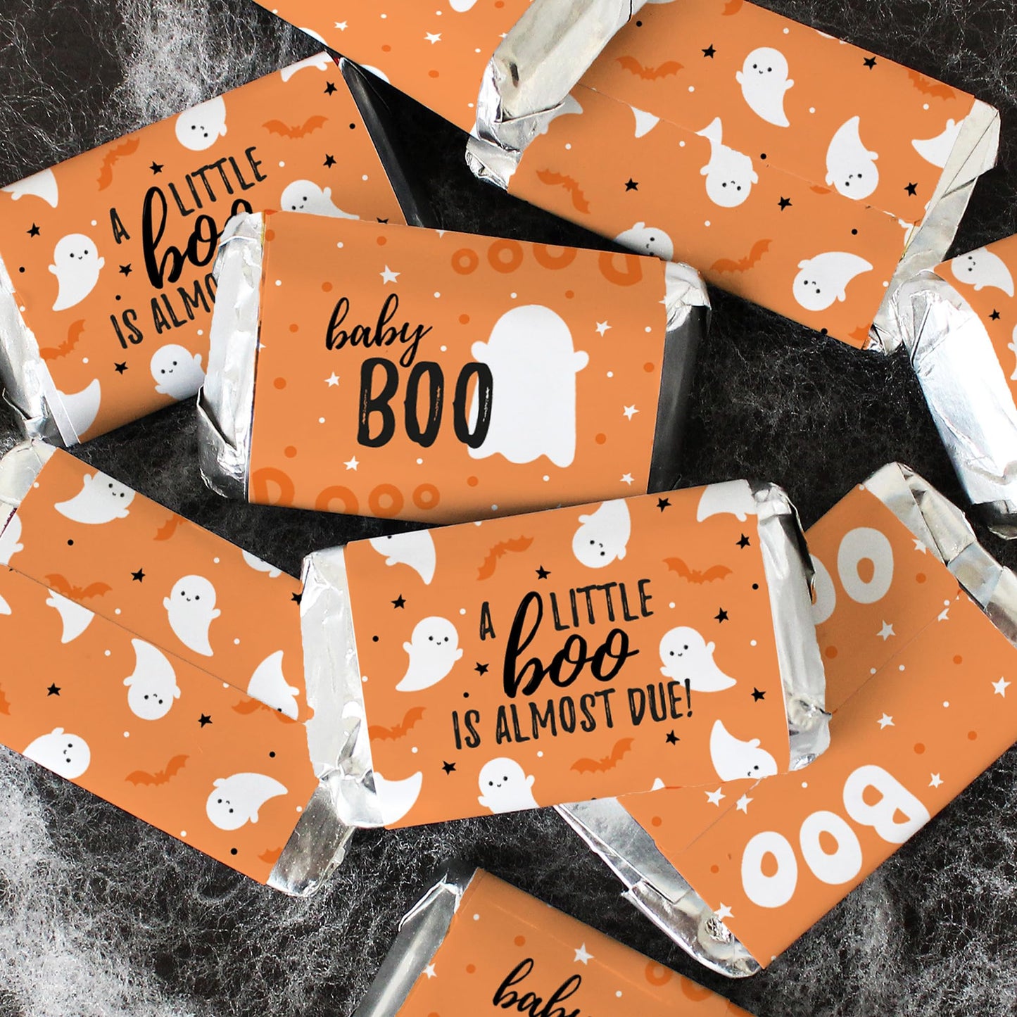 Orange A Little Boo is Almost Due Halloween Baby Shower Wrappers for Mini Chocolate Bars, Party Favor Candy Stickers - 42 Count
