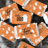 Orange A Little Boo is Almost Due Halloween Baby Shower Wrappers for Mini Chocolate Bars, Party Favor Candy Stickers - 42 Count