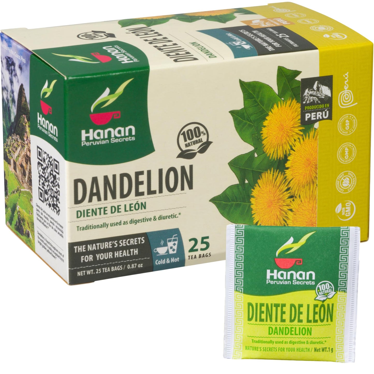 Hanan Dandelion Root Tea 25 Herbal Teabags - Support Kidney Function, Liver Cleanse Detox & Repair, Digestion Tea - Diente de Leon Dandelion Leaves