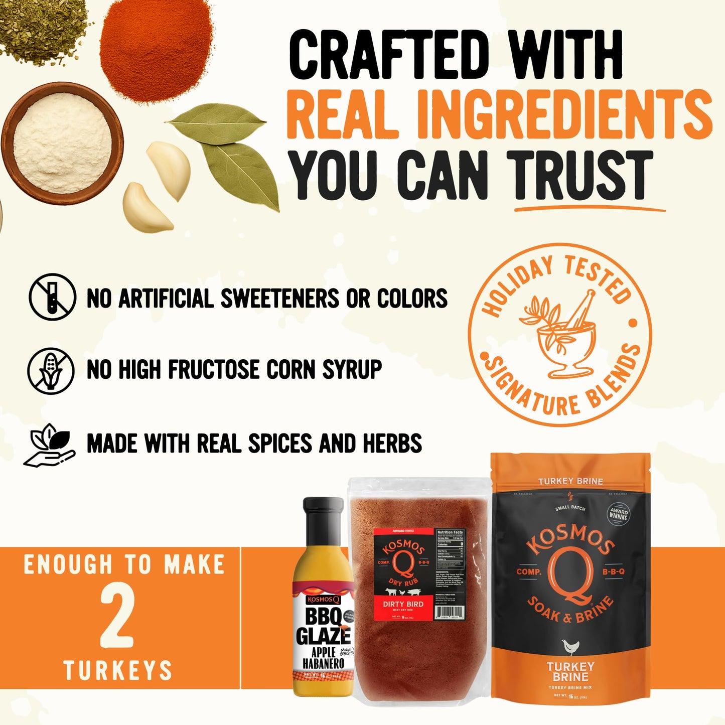 Kosmos Q Complete Turkey Brine Kit for Him, Turkey Brine, Dirty Bird BBQ Rub & Cherry Apple Habanero Glaze, All-in-One Turkey Seasoning Kit