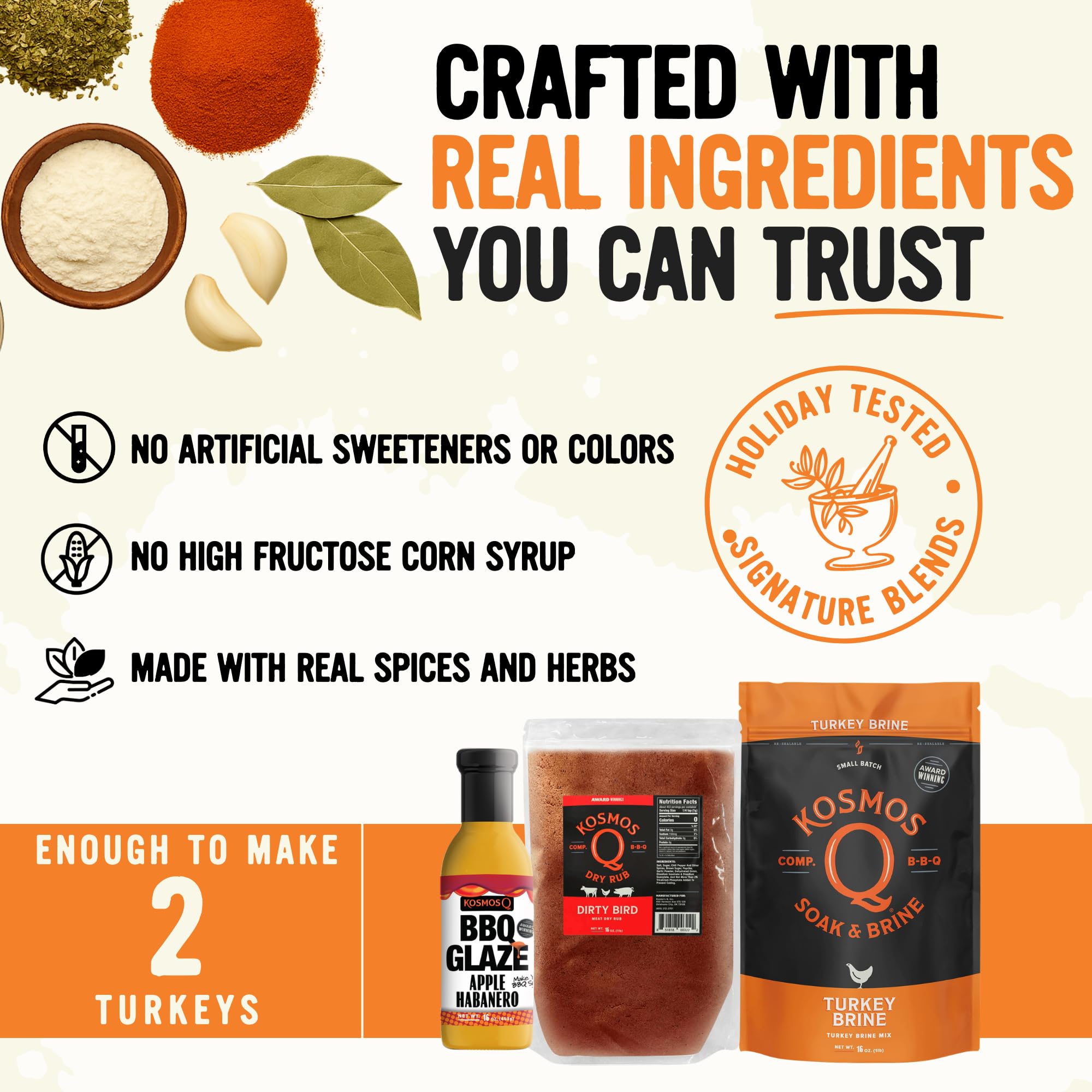 Kosmos Q Complete Turkey Brine Kit for Him, Turkey Brine, Dirty Bird BBQ Rub & Cherry Apple Habanero Glaze, All-in-One Turkey Seasoning Kit