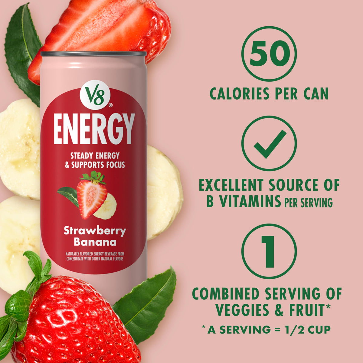 V8 Energy Strawberry Banana Juice Energy Drink, 8 fl oz Can (6 Pack)