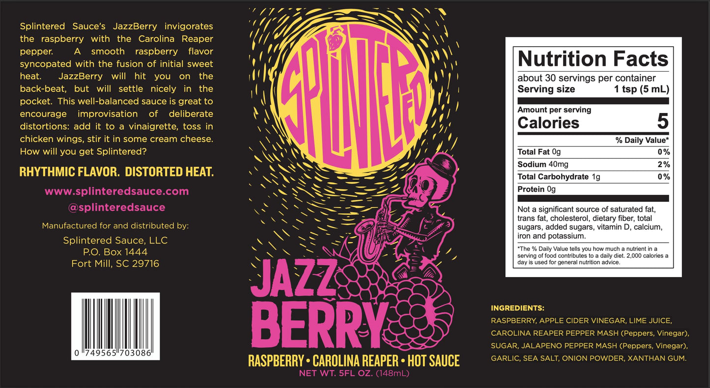 Splintered Sauce JazzBerry Hot Sauce - Sweet Raspberry & Carolina Reaper - Award-Winning Fruit-Based Hot Sauce - Rhythmic Flavor. Distorted Heat